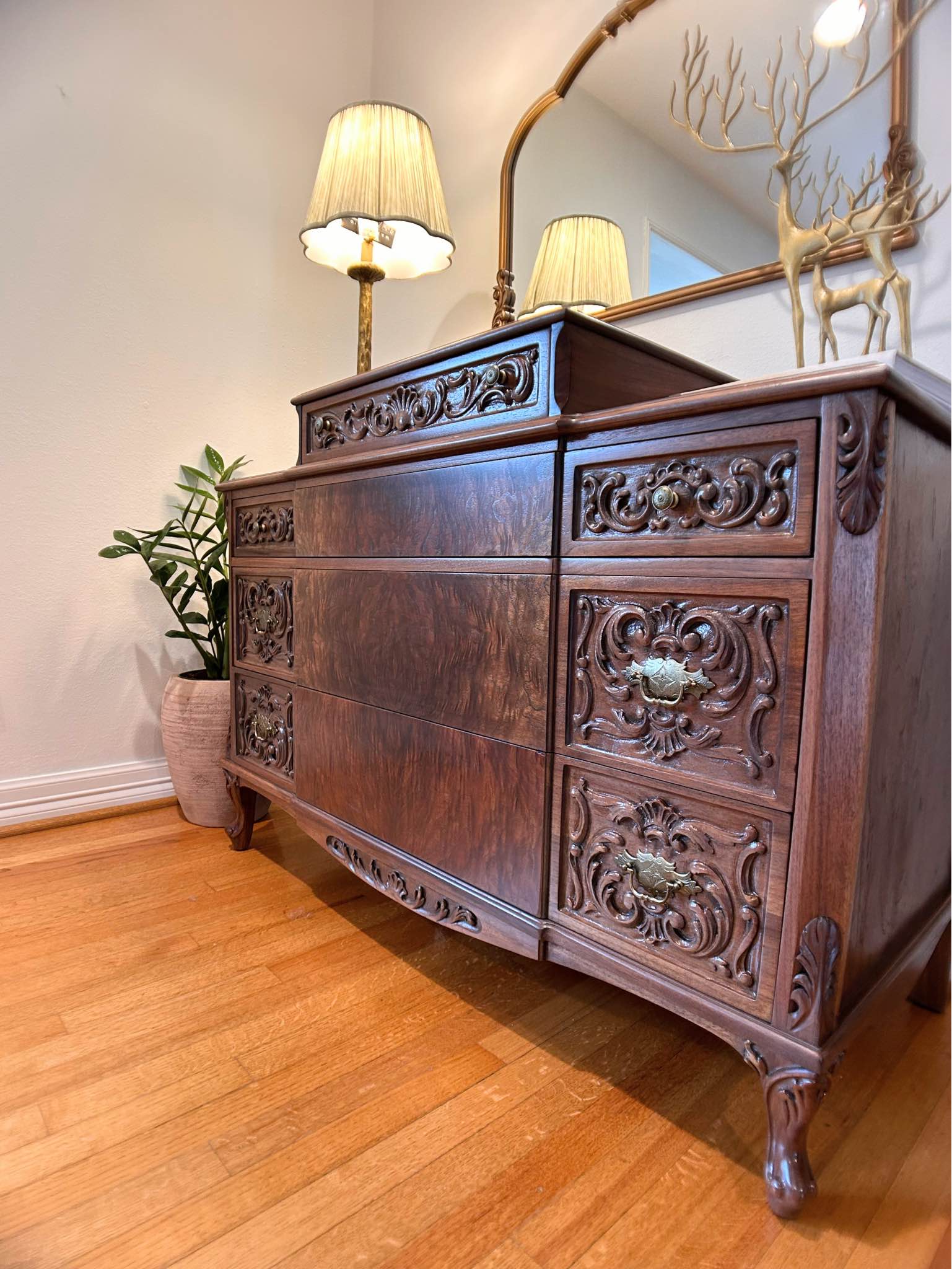 Refinished Vintage Solid Wood Walnut Dresser with Carved Details ...