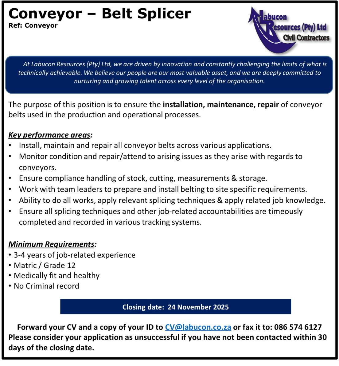 Labucon - 📌Job Alert: Conveyor - Belt Splicer Apply Now: Send your CV ...