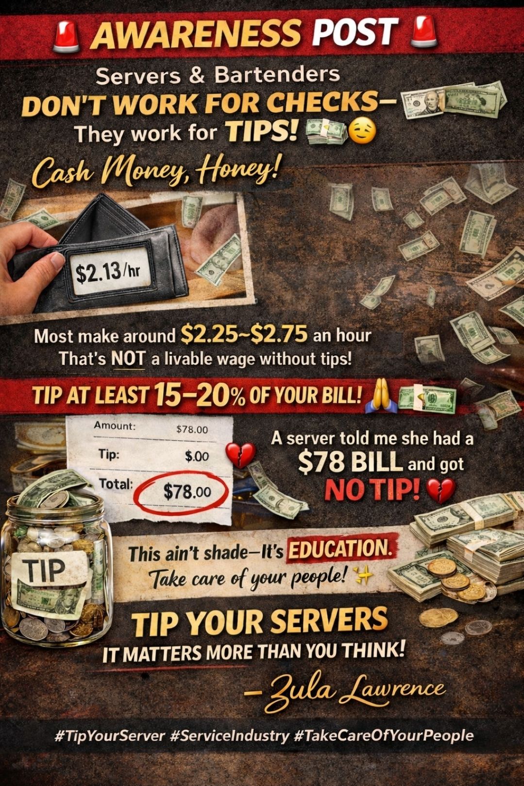Food Lady Zu - 🚨 AWARENESS POST 🚨 Servers & bartenders do... | Facebook