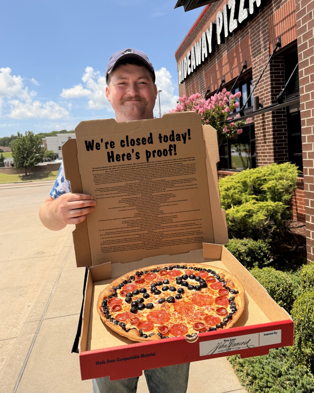 Closed today! If you need us check the nearest firework stand! 🍕