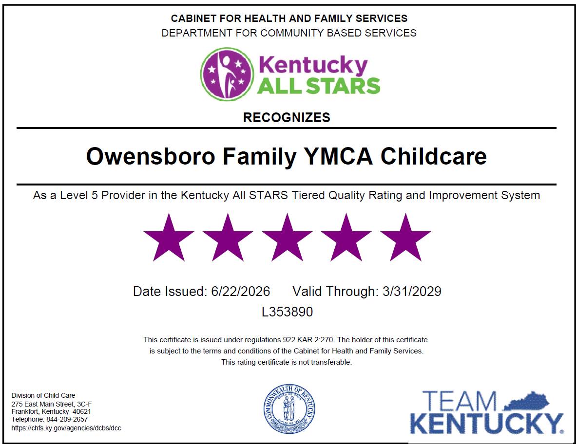 Owensboro Family YMCA childcare earns Level 5 Kentucky All STARS