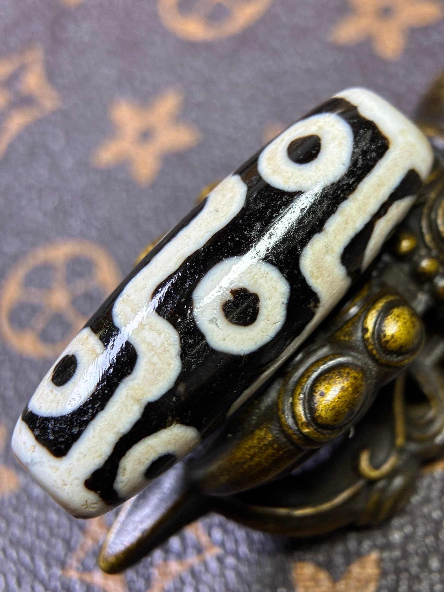 秘蔵天珠西蔵老礦古代伝承風化三色七線天珠、風化