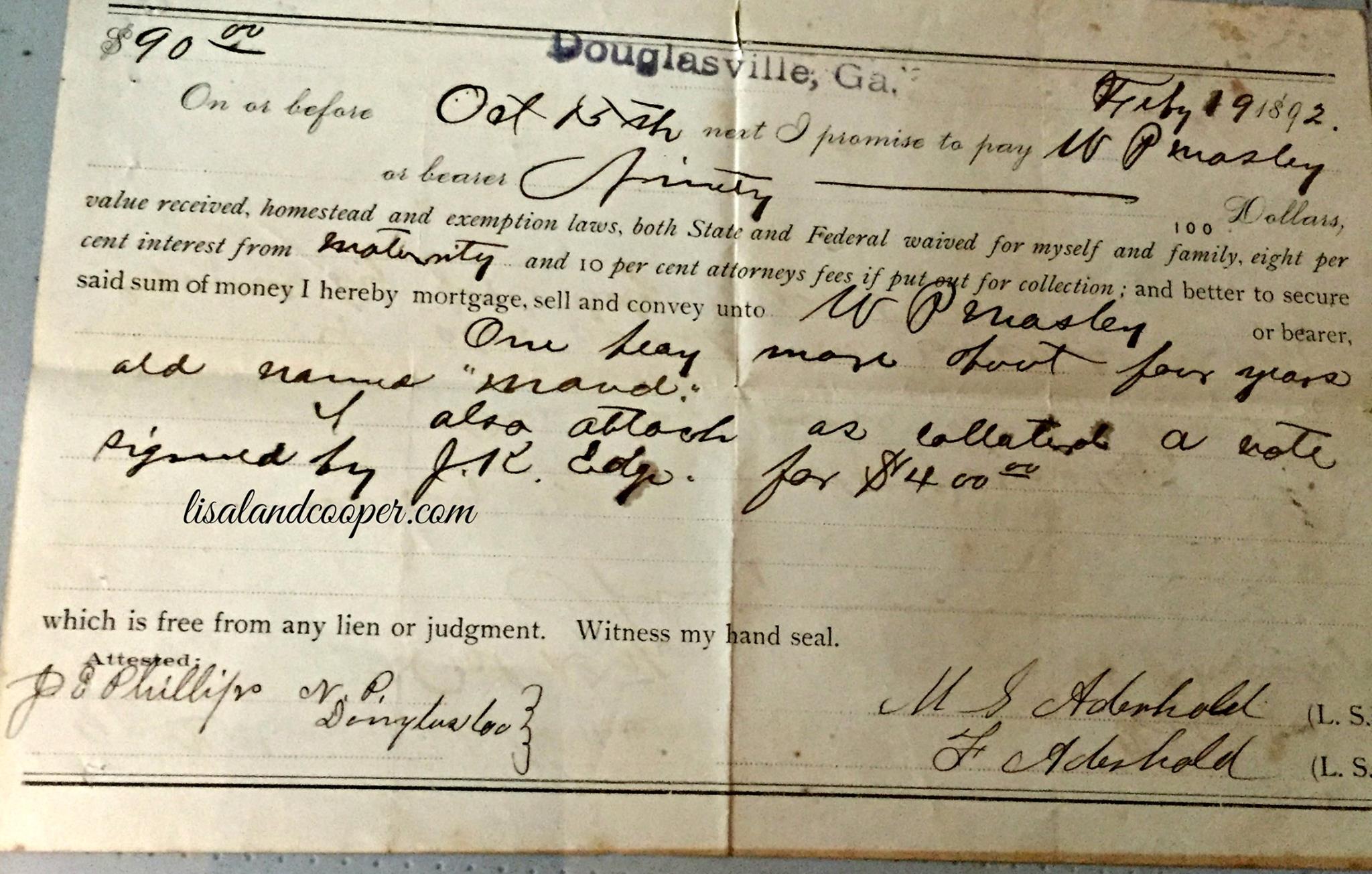 Every - A note dated February 19, 1892, for $90 involving MS Aderhold ...