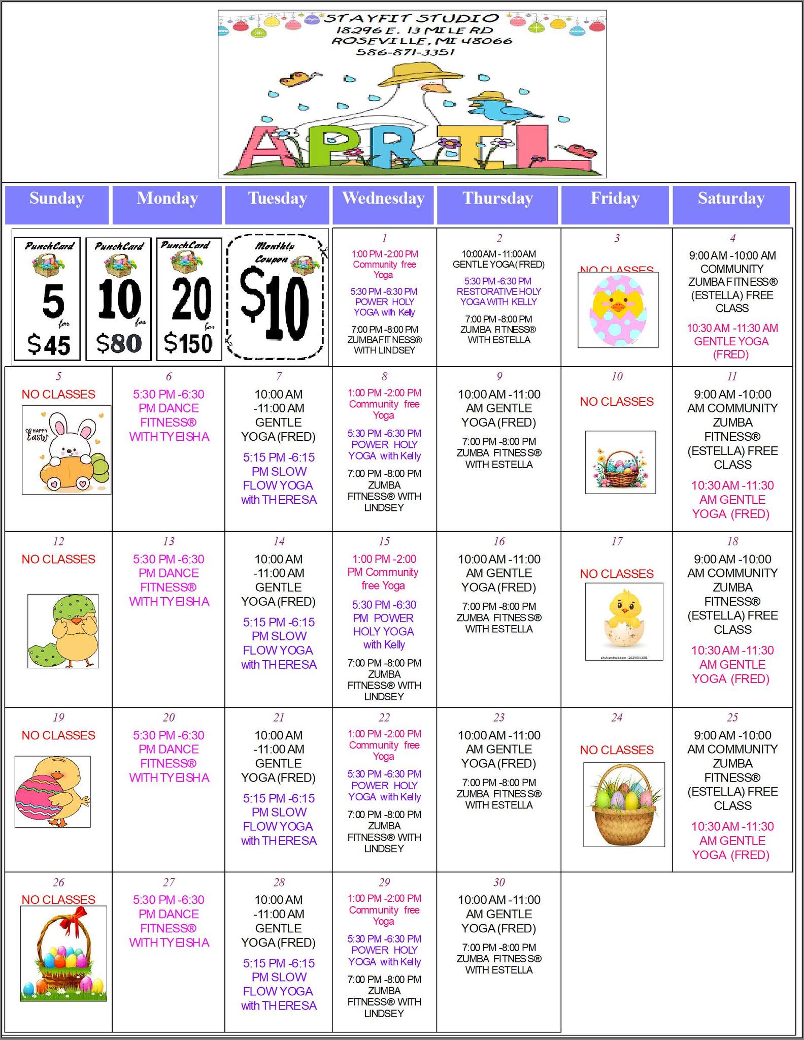 STAYFIT STUDIO APRIL SCHEDULE