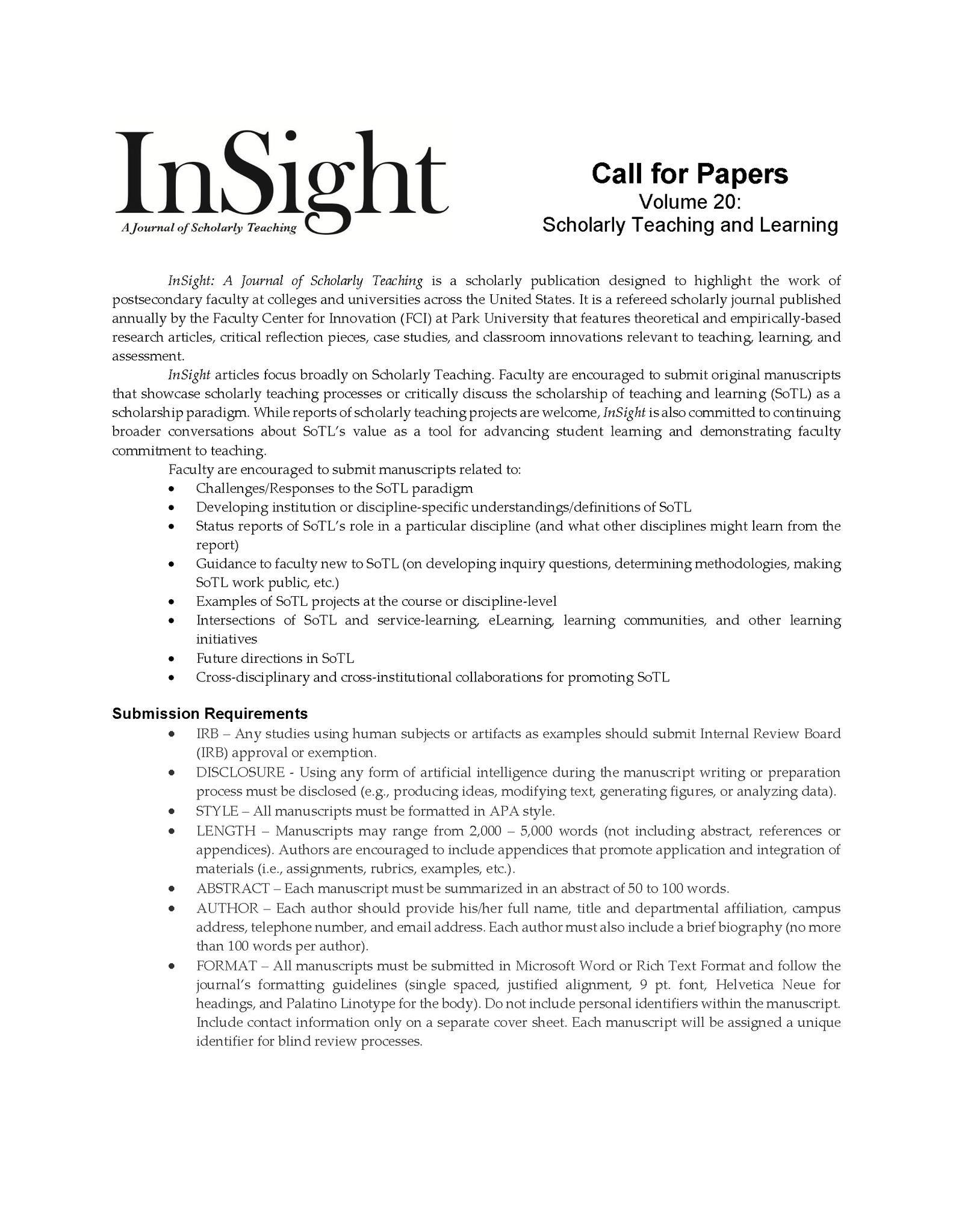InSight: A Journal of Scholarly Teaching | Parkville MO