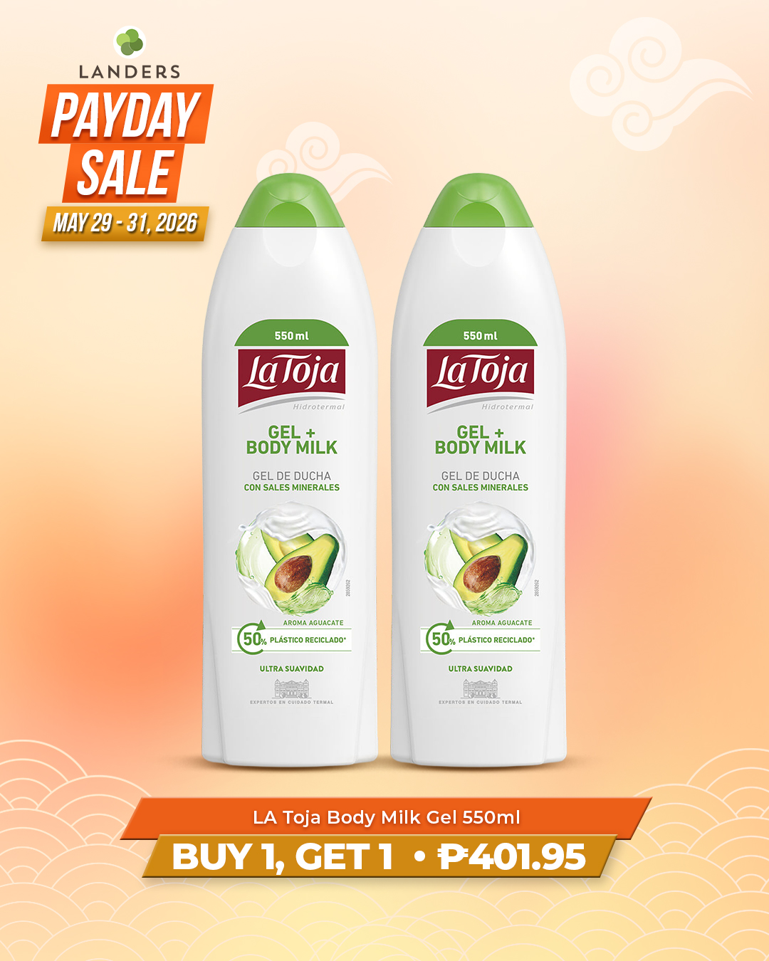 Nourishing wash! La Toja Gel + Body Milk 550mL provides a powerful cleanse and intense hydration for smooth, radiant skin. Buy 1 Get 1 until May 31, 2026! Shop online at www.landers.ph