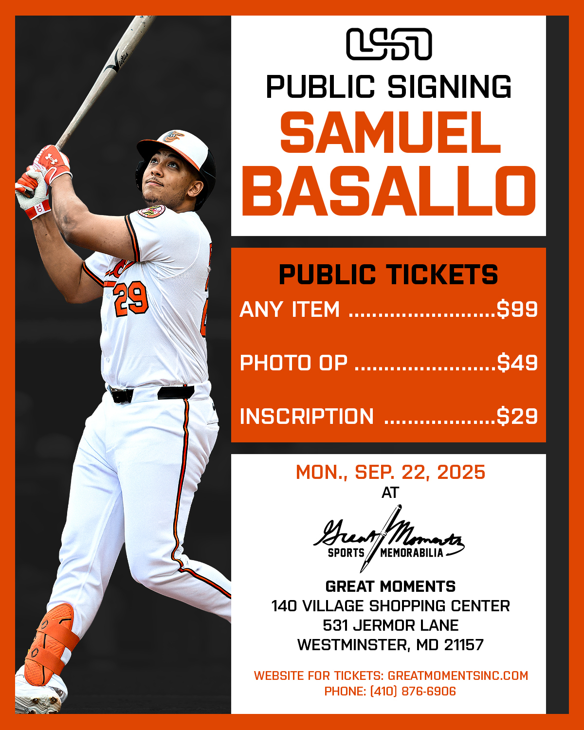 Samuel Basallo public autograph signing in Westminster, MD