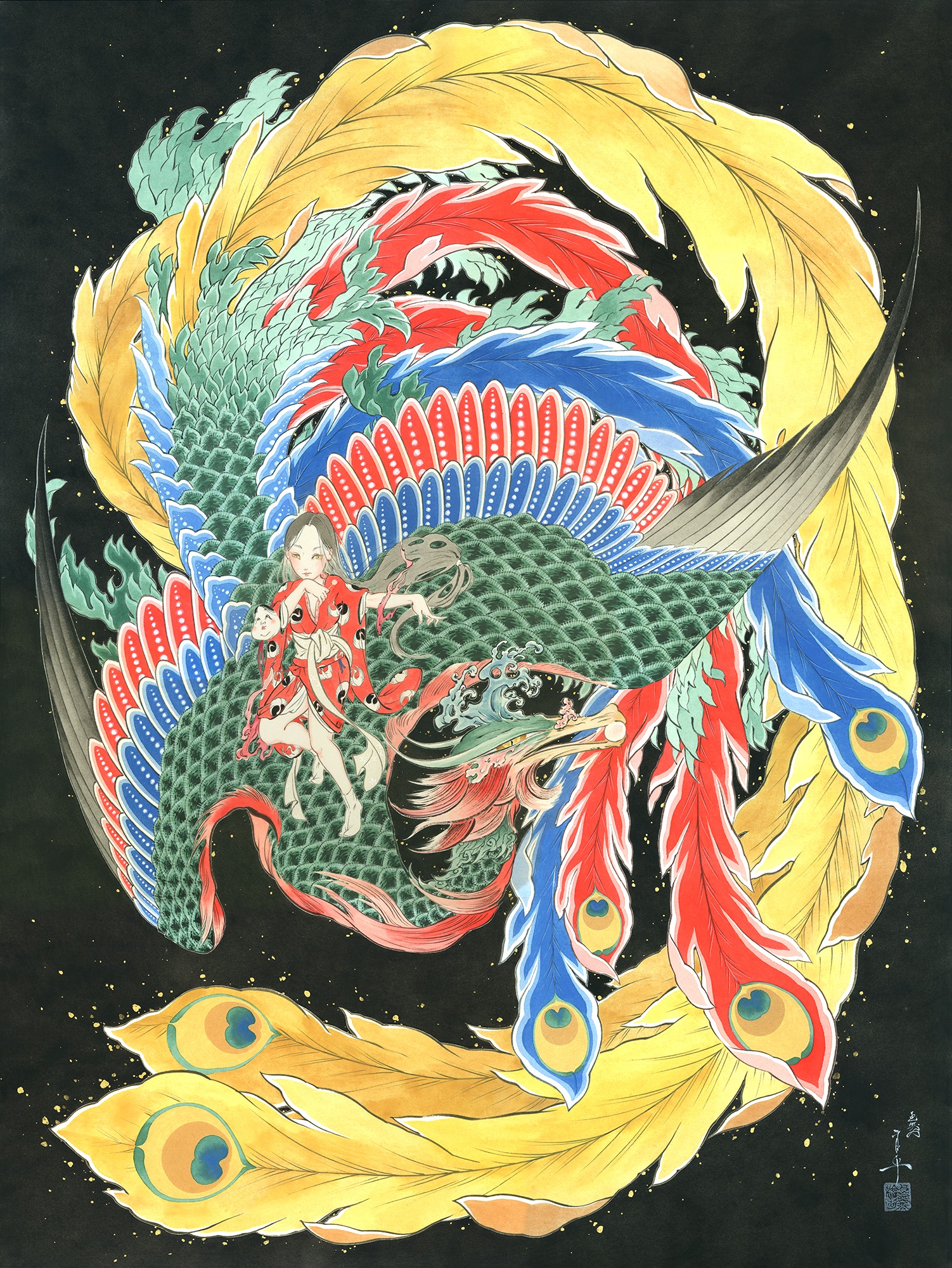 大灯籠のお多福鳳凰図。 寒中お見舞い申し上げます。 #ukiyoe