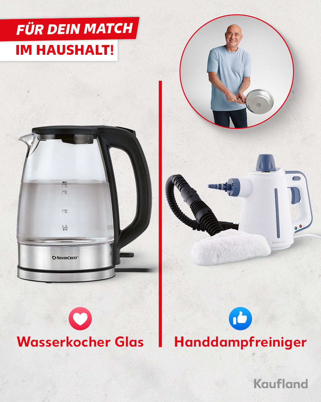 Der Wasserkocher Glas und der Handdampfreiniger von SILVERCREST® sorgen für deinen perfekten Aufschlag am Morgen und den Clean Sweep danach. Andre Agassi würde sagen: Champion-Performance! 👉 Macht dein Leben einfach mit Andre