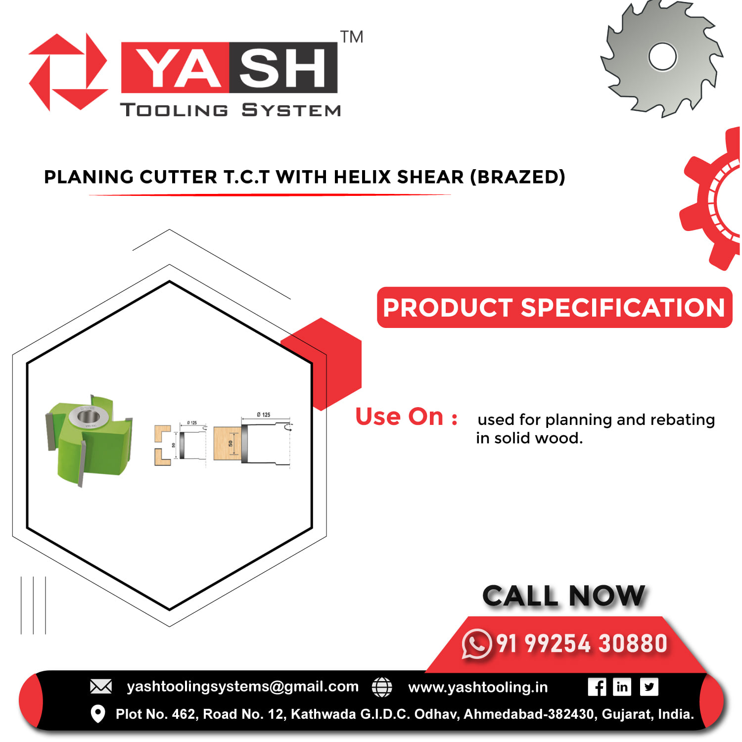 Yash Tooling System - Buy Planing Cutter TCT With Helix Shear (Brazed ...