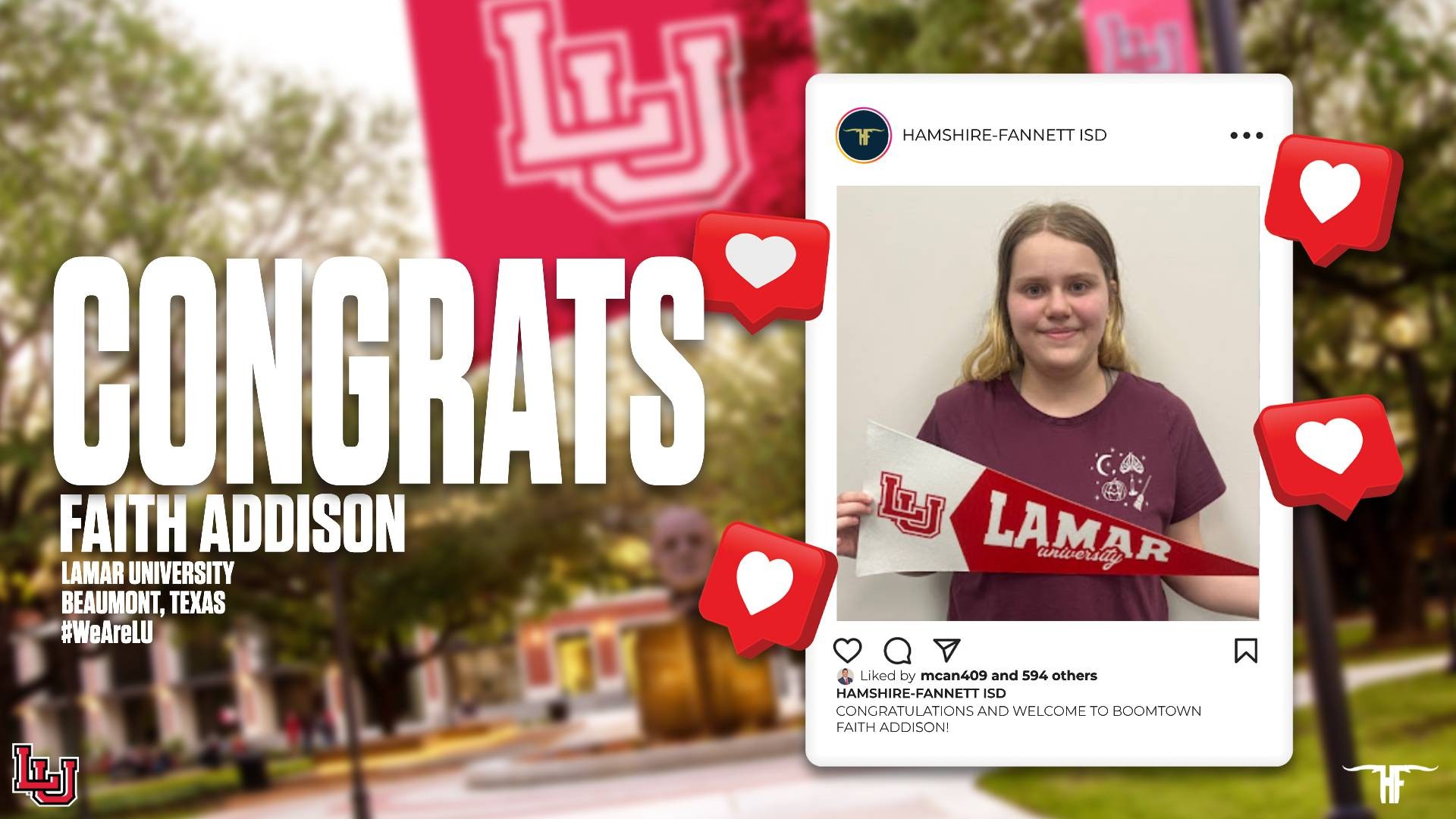 Hamshire-Fannett - WELCOME TO BOOMTOWN! Join us in congratulating Faith ...