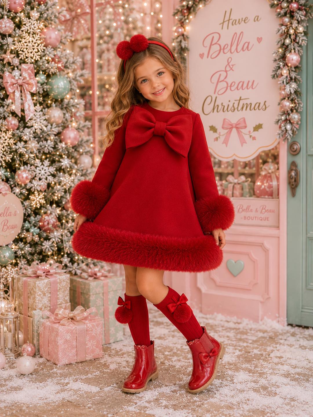 ivory christmas dress Noelle in red baby pink and Inner polyester lining.