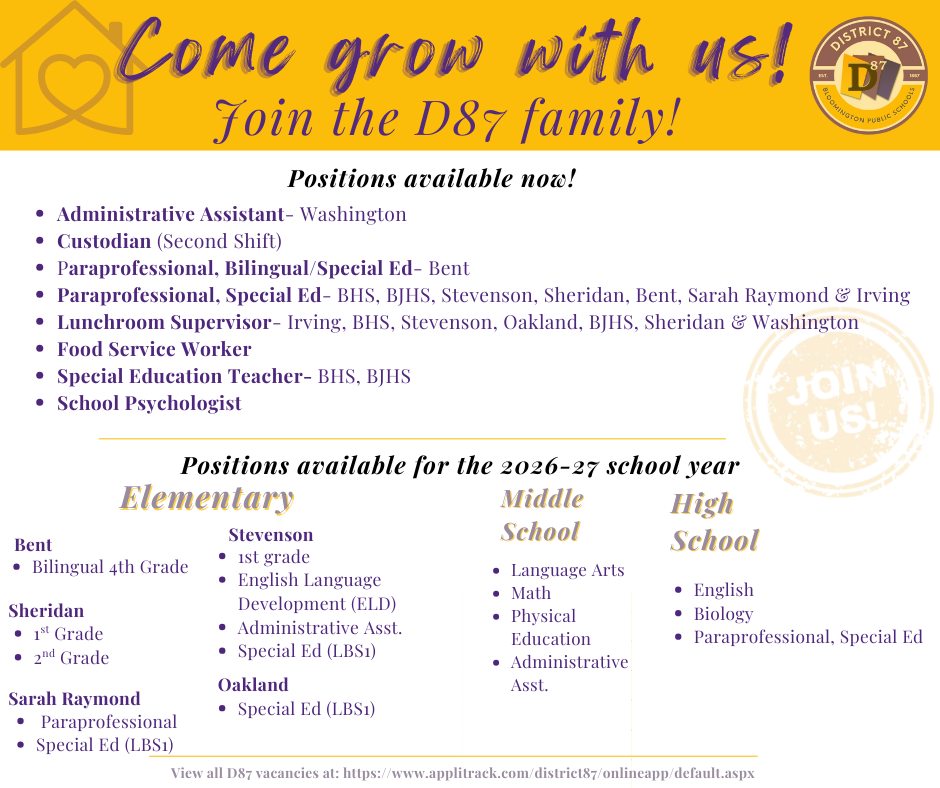 District - 🚀 New Positions at D87 for 2026-27! D87 has just released a ...