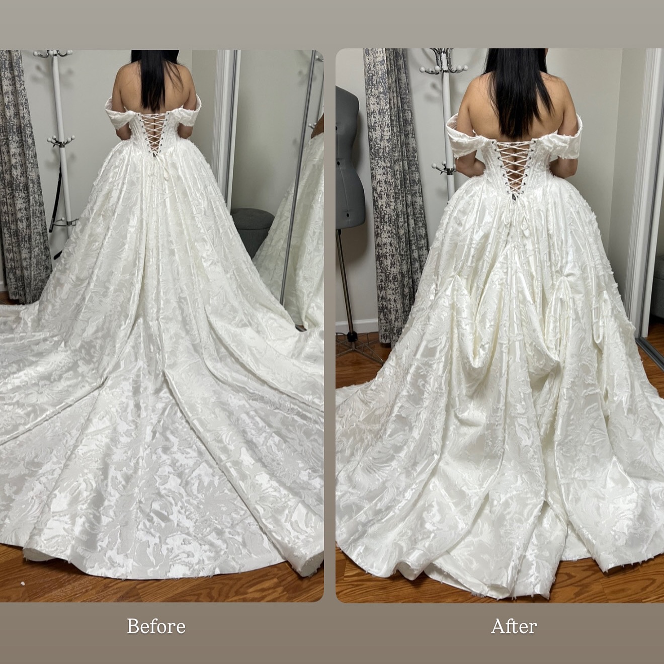 Before & After wedding gown alterations - added five-point bustle