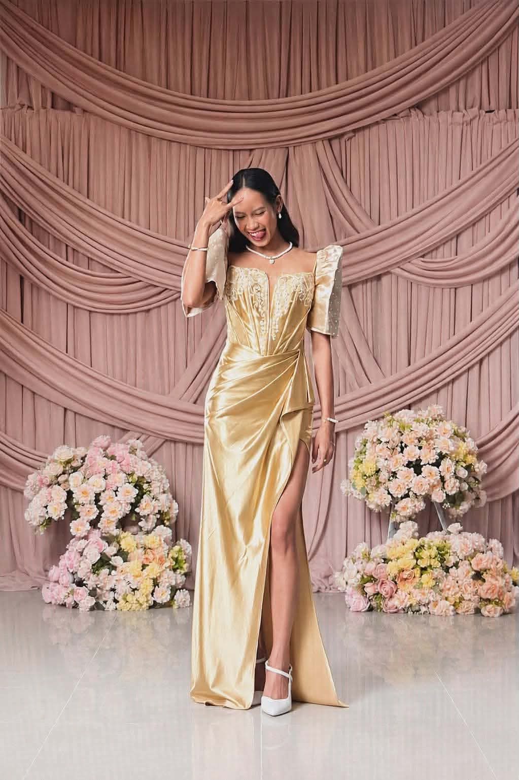 filipiniana gold dress Radiant & Classic in her Belleza Classic Gown!🤍 thank you Ms. Kyla!🌸 one shoulder bridesmaid dress