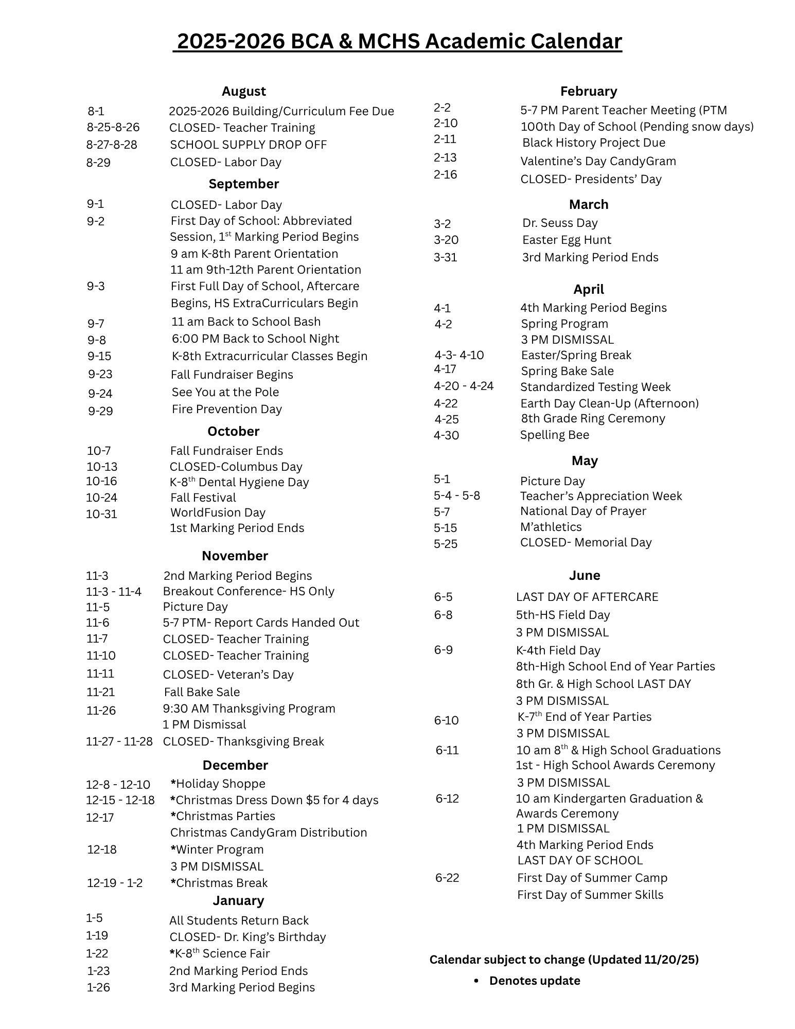 Beacon - *Updated 2025-2026 Academic Calendar. Please note the December ...