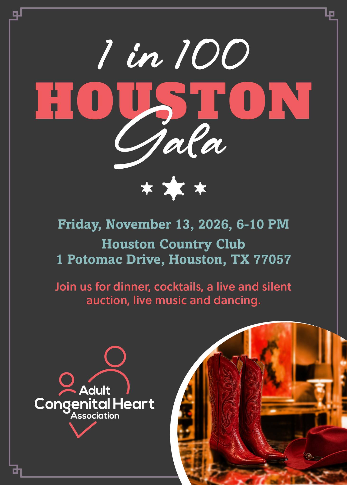 Join ACHA on November 13, 2026, at the Houston Country Club for the 1 in 100 Houston Gala—an unforgettable evening honoring the CHD community. Enjoy a festive night featuring cocktail hour and
