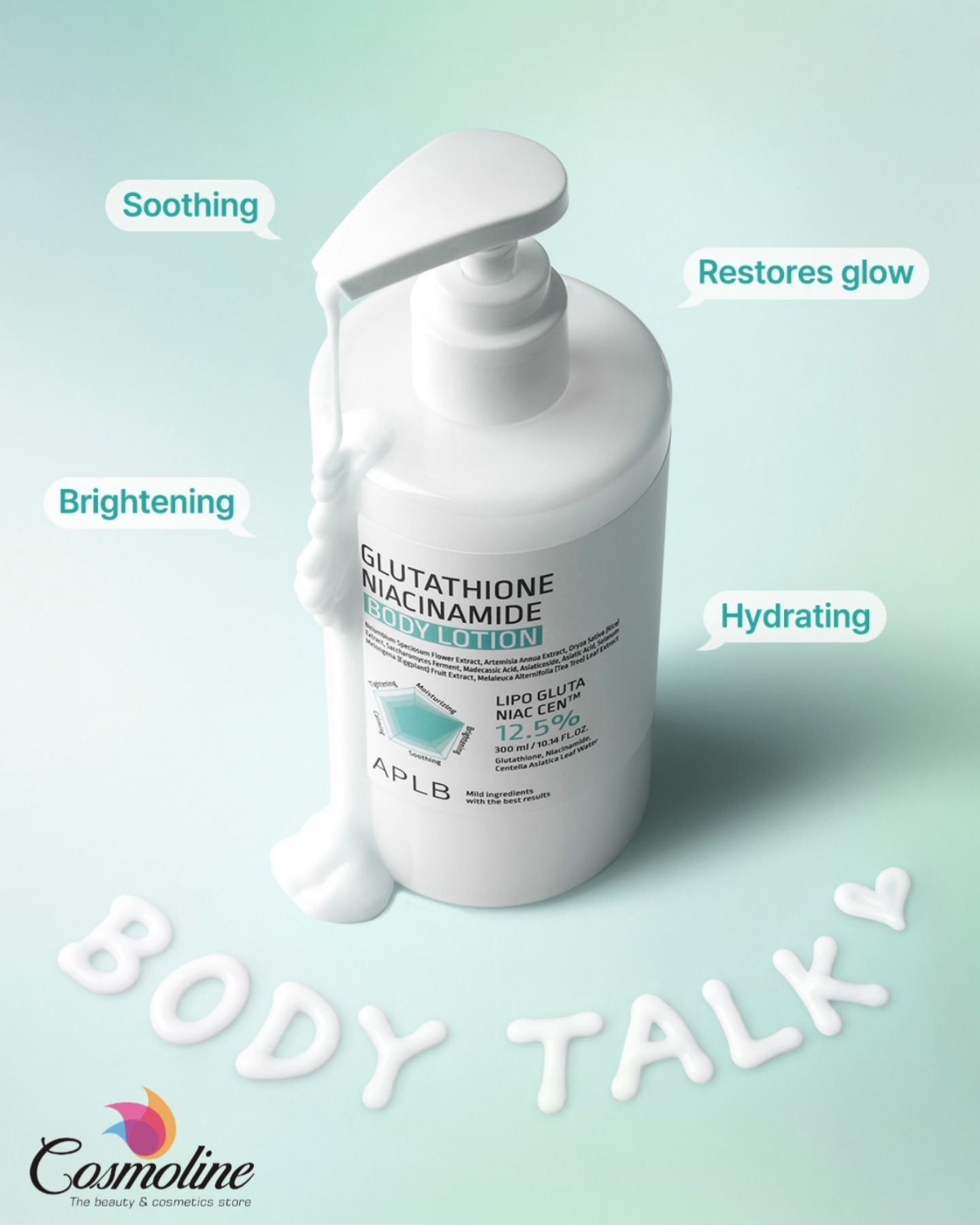 APLB Glutathione Niacinamide Body Lotion A lightweight, milky daily moisturizer designed to brighten uneven skin tones, soothe irritation, and deeply hydrate the skin. It features a 12.5% active blend of Lipo Gluta