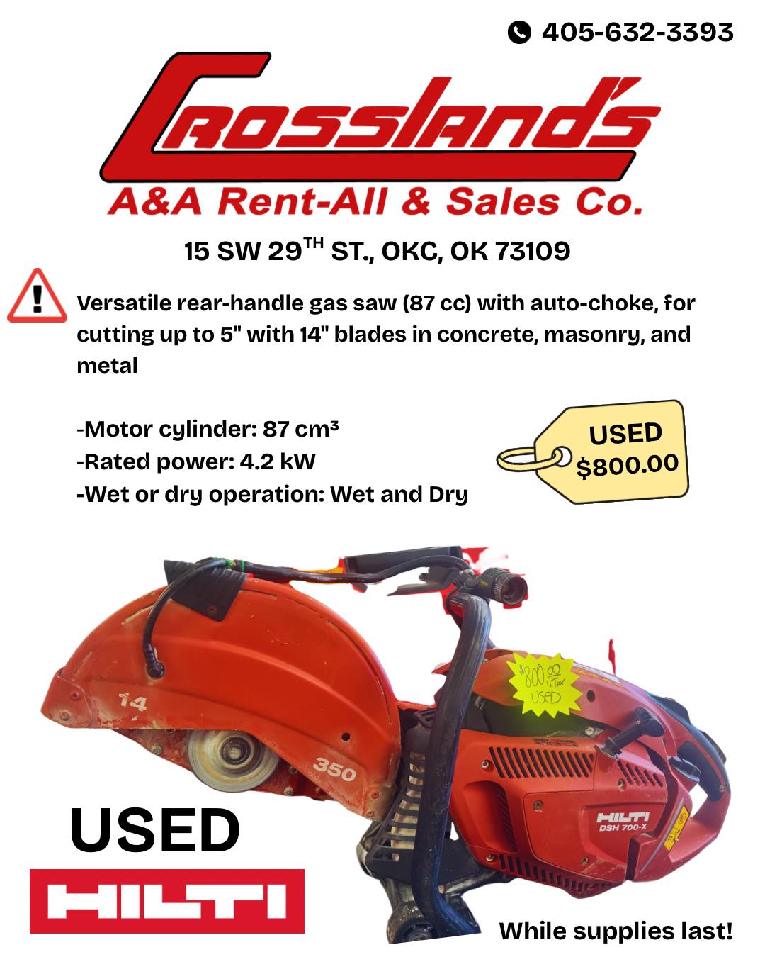 🚨 USED HILTI DSH 700-X... - Crossland's Rent-All & Sales Co. | Facebook