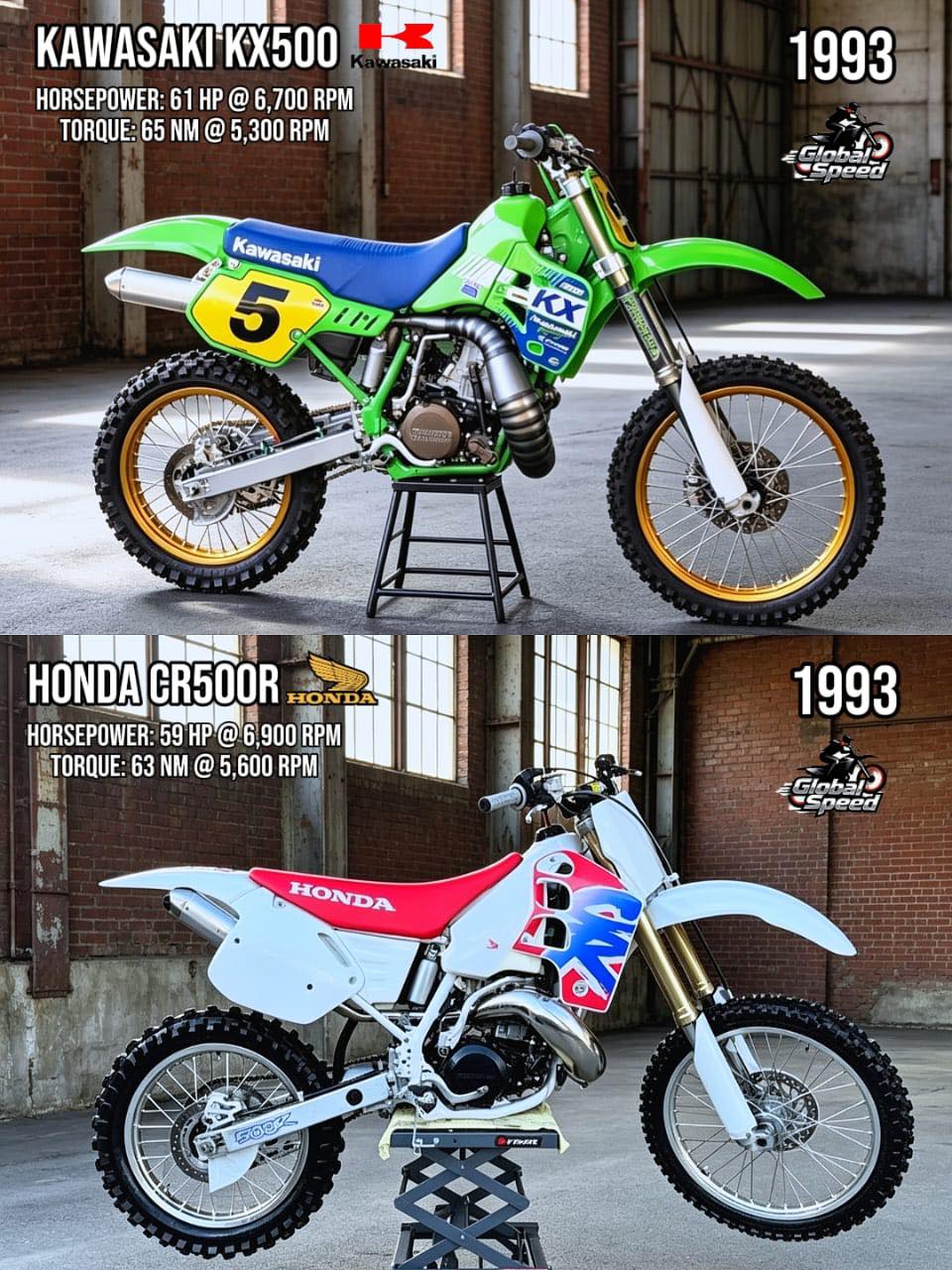 The 1993 Kawasaki KX500 and Honda CR500R are one of the most