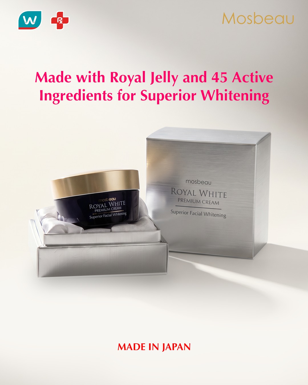 You deserve nothing but Royal! Get Mosbeau Royal White Premium Cream! It's a whitening cream with Royal Jelly and 45 Active Ingredients that dramatically whitens the skin. Shop Mosbeau at Watsons stores
