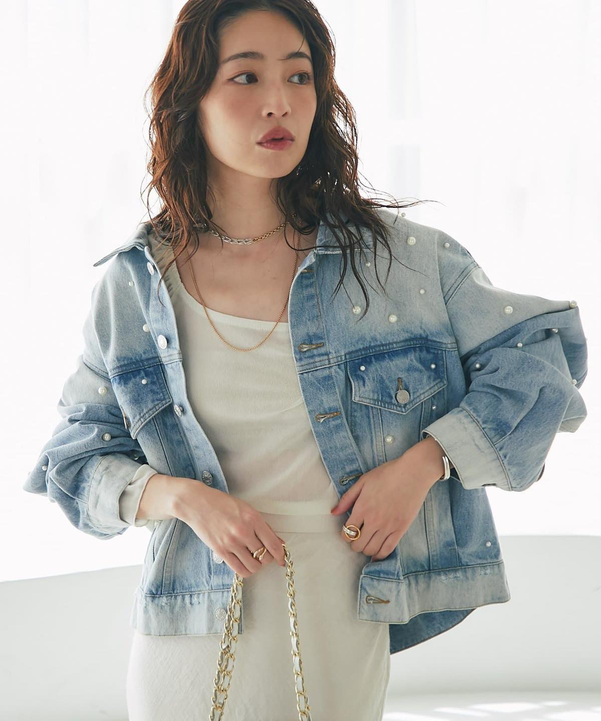 Yup！選品】La boutique BonBon #パール付デニムジャケット珍珠點綴的