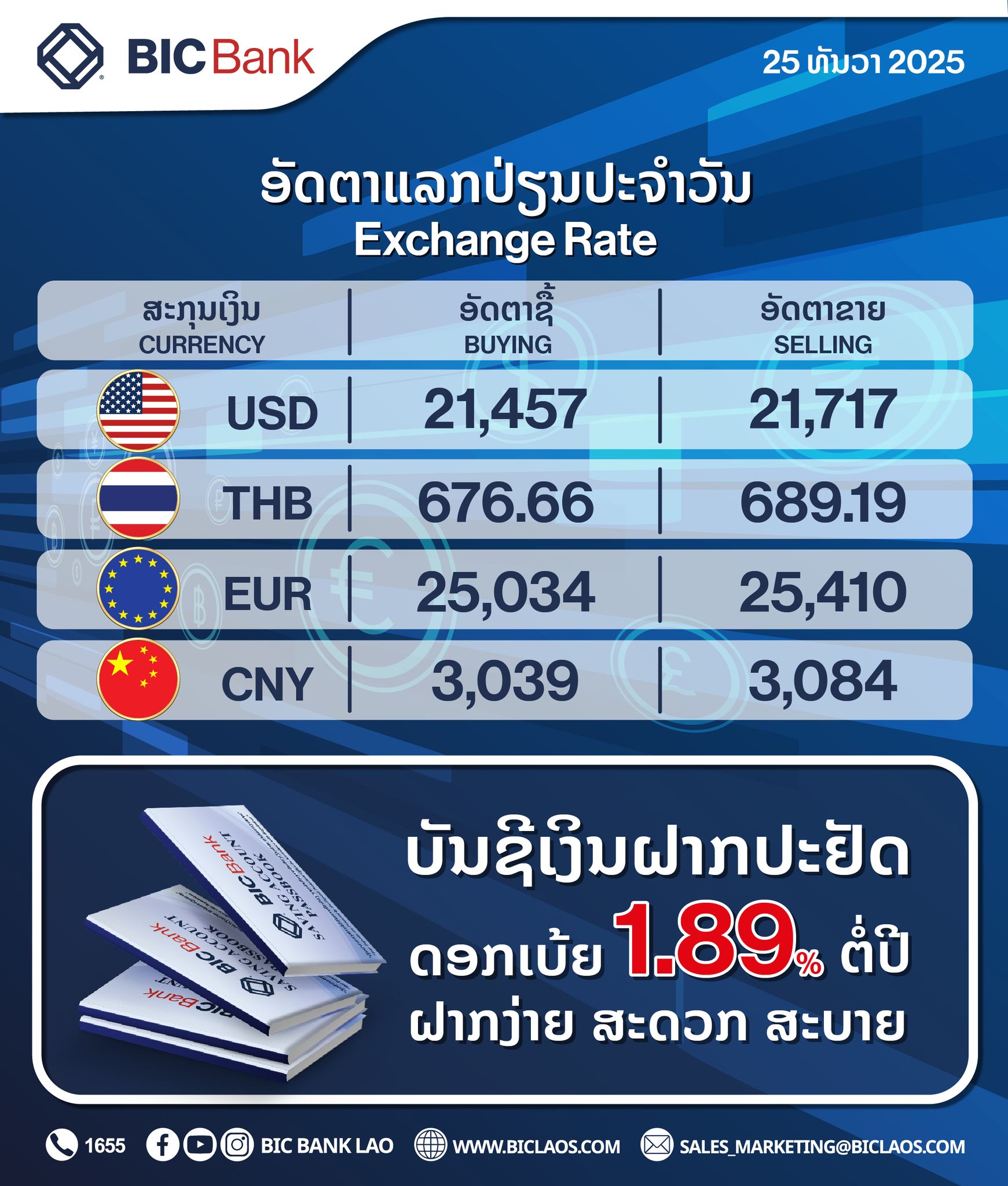 BIC - ອັດຕາແລກປ່ຽນປະຈຳວັນທີ 25/12/2025 Daily Exchange Rates 25/12/2025 ...