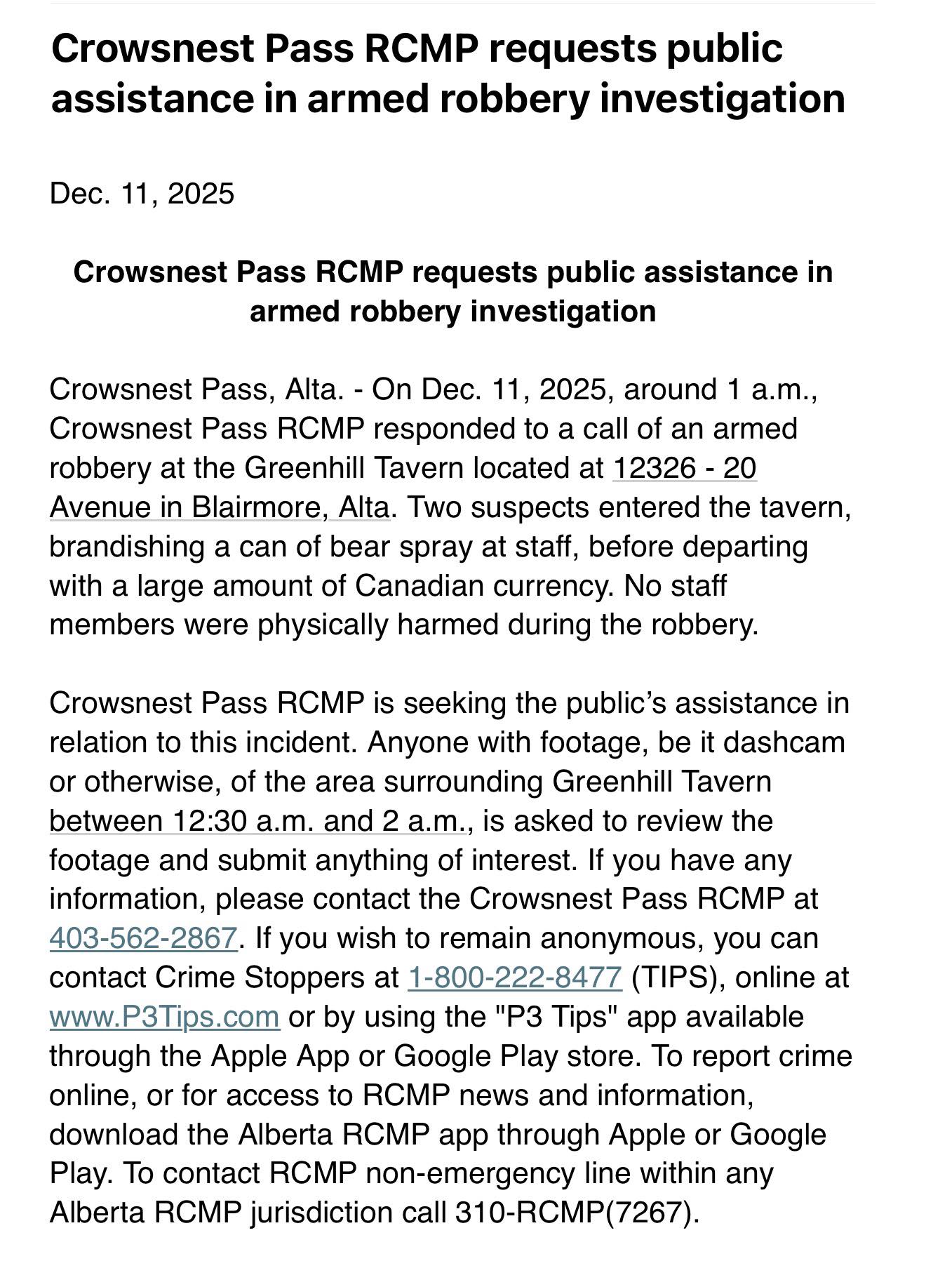 What's Going On In Lethbridge | Crowsnest Pass RCMP requests public ...
