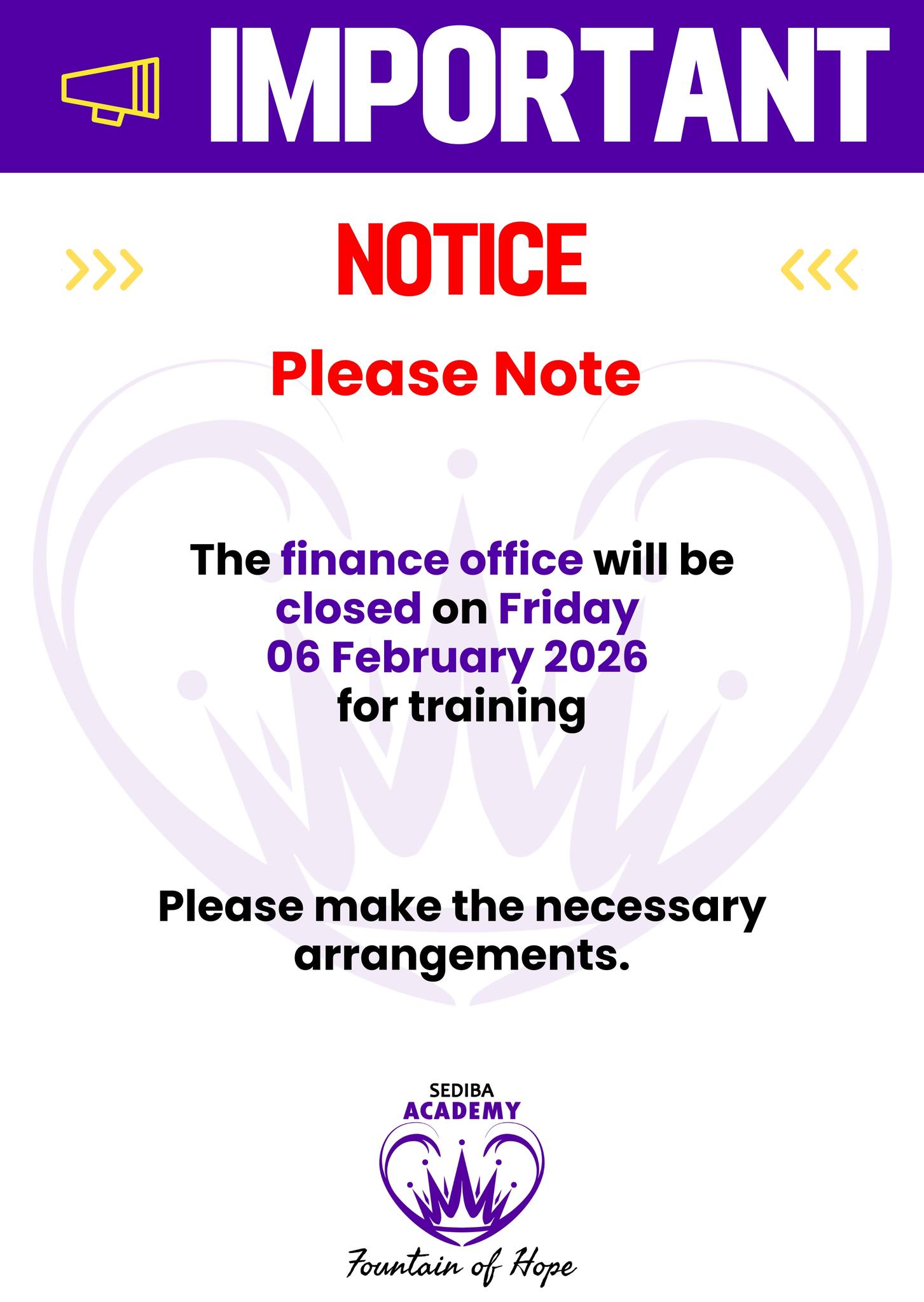 Sediba - 📢 Notice Please note that our Finance Office will be closed ...
