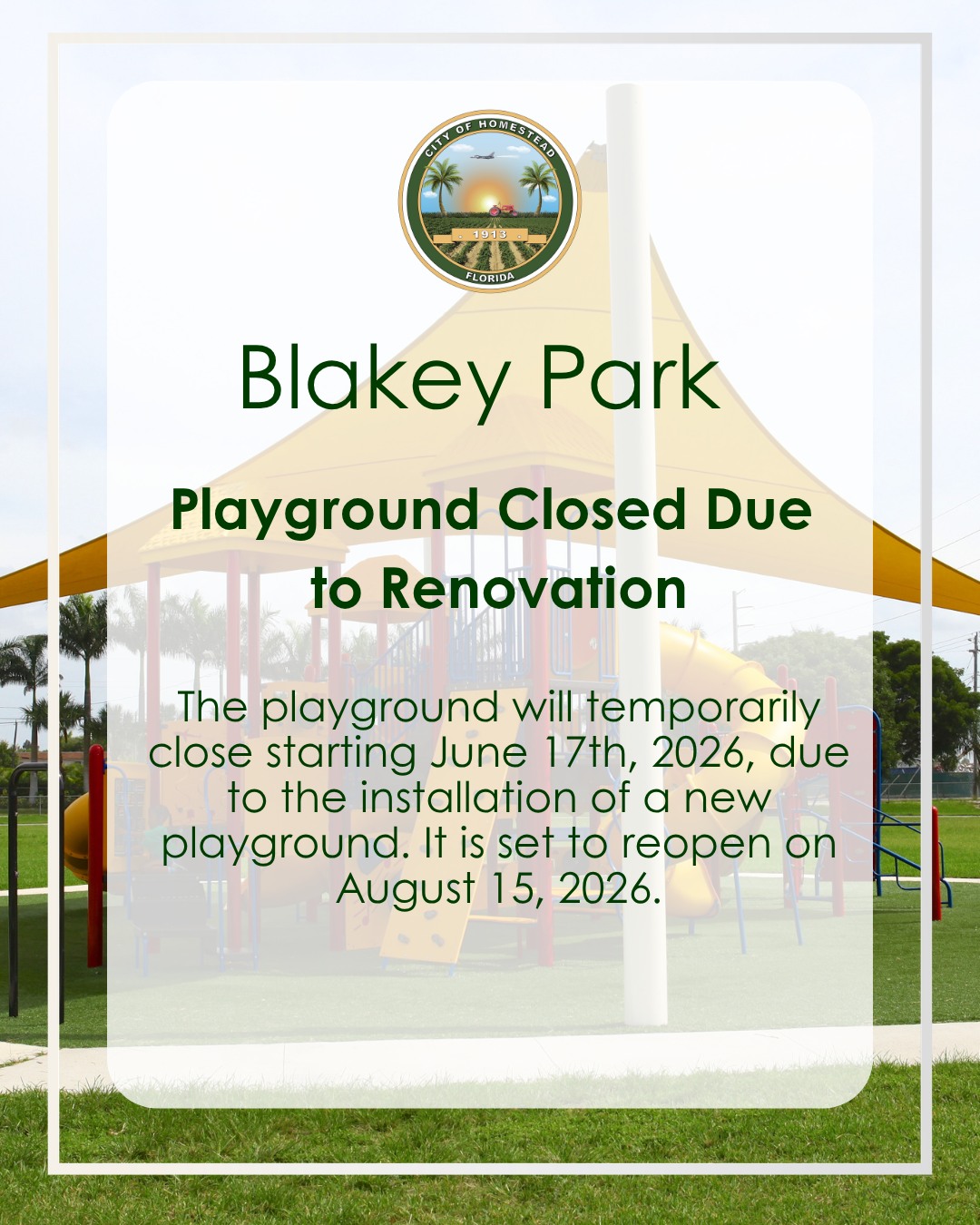 PADDOCK PARK / HIDING PLACE FOR 〜 Pardon our dust! The playground at Blakey Park will be temporarily