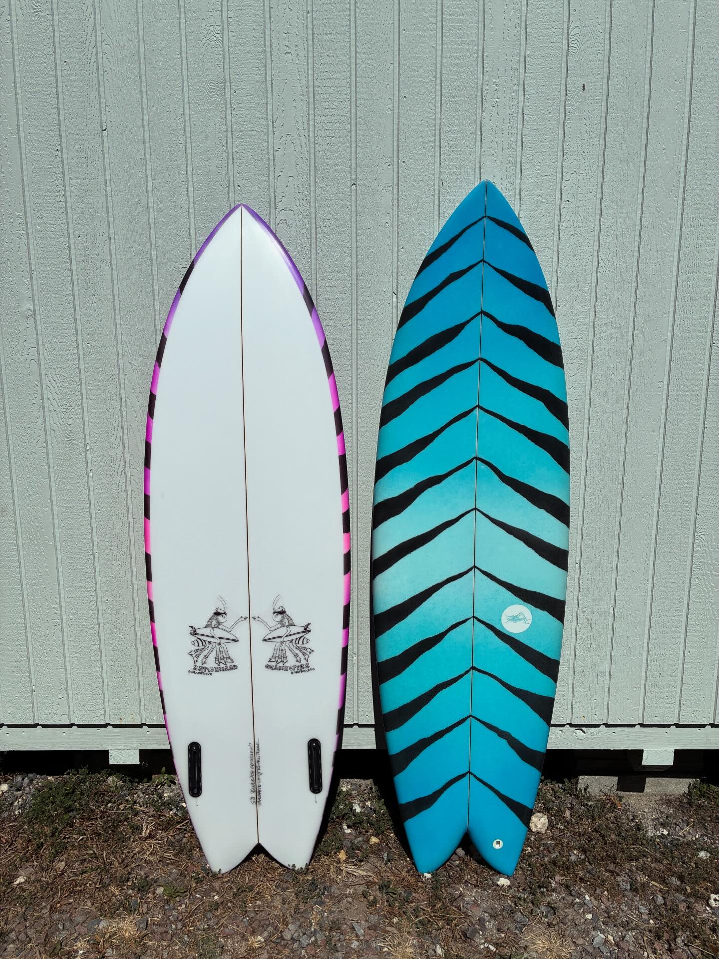 Candy cane fish surfboards by Grasshopper Surfboards