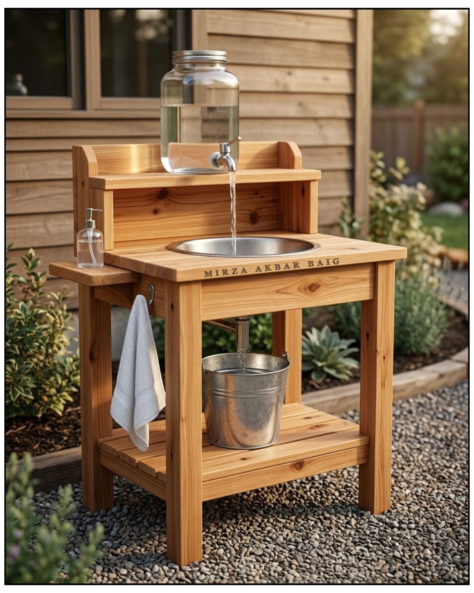 Rustic wooden outdoor wash station with a simple and practical