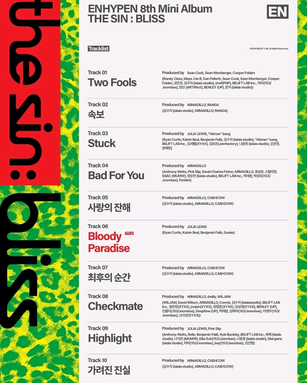 INFO | 071426 #ENHYPEN 'THE SIN : BLISS' Tracklist #엔하이픈