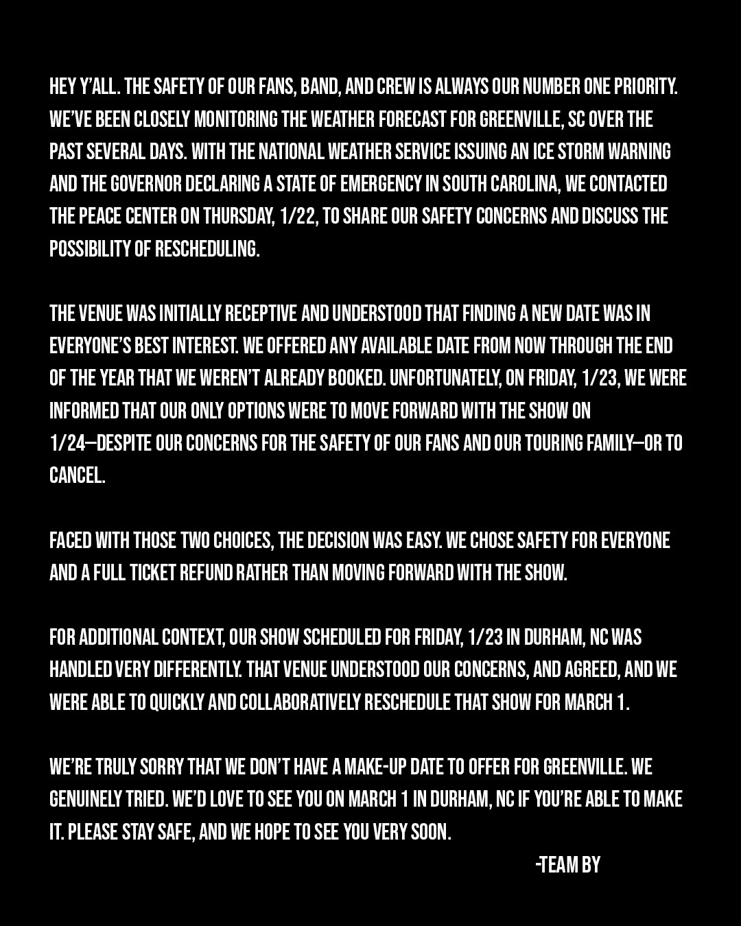 Brett Young - Regarding tonight’s show in Greenville, SC’s... | Facebook