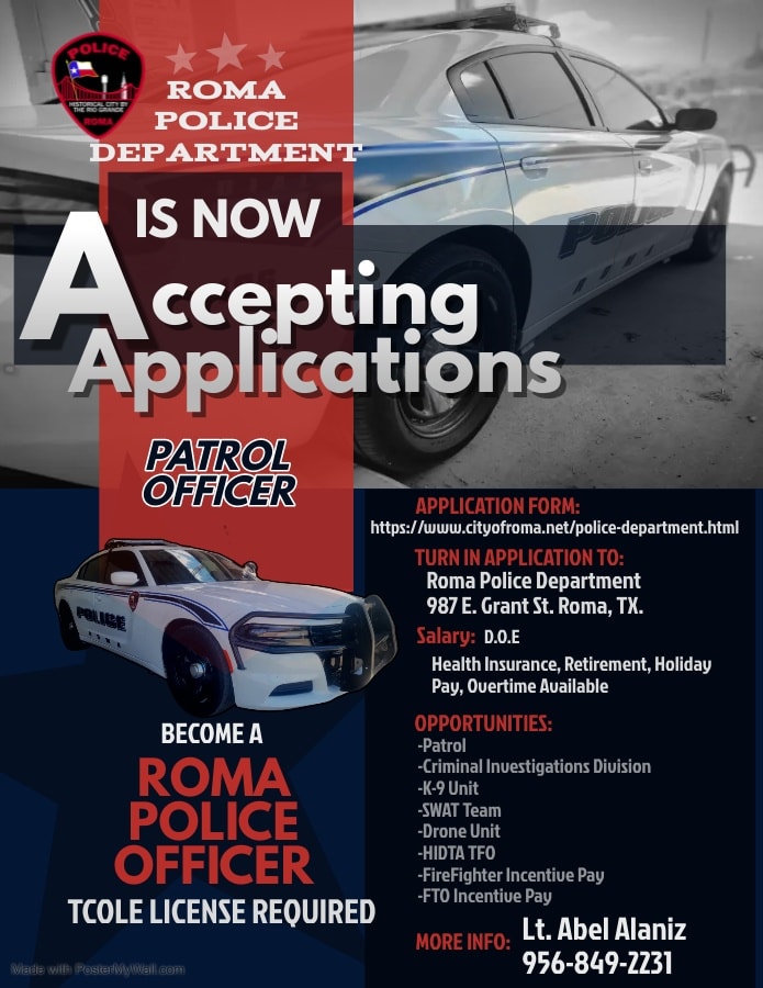 🚓 NOW HIRING – PATROL OFFICERS 🚓 The... - City of Roma, Texas | Facebook
