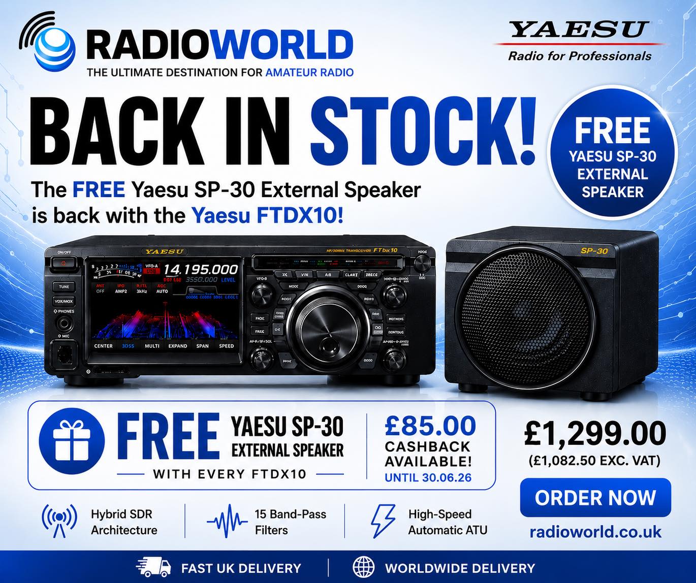 Yaesu FTDX10 radio with SP30 speaker, 100W SDR performance, £1,299