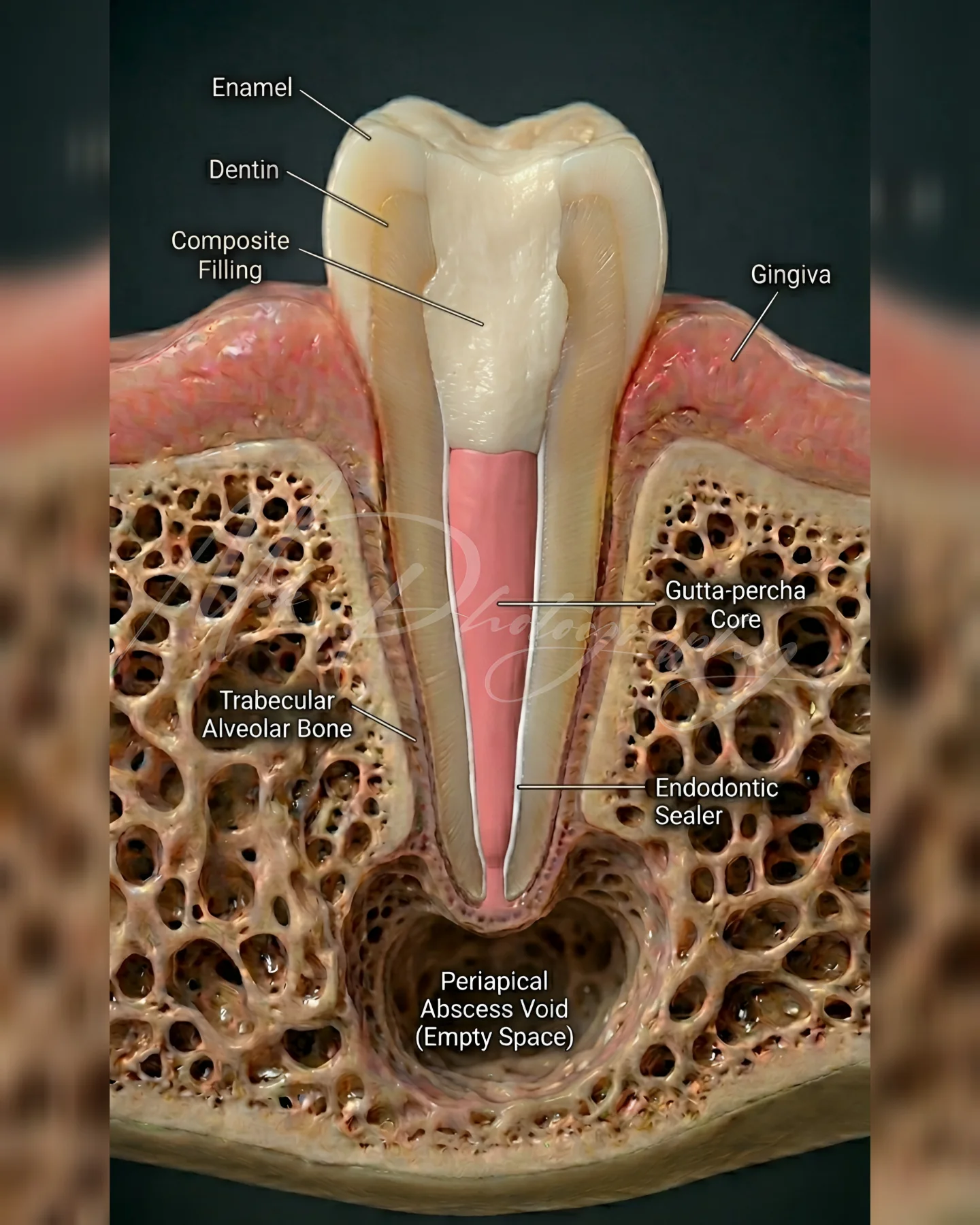 M S - This image shows a treated single-rooted tooth with: ️ Composite ...