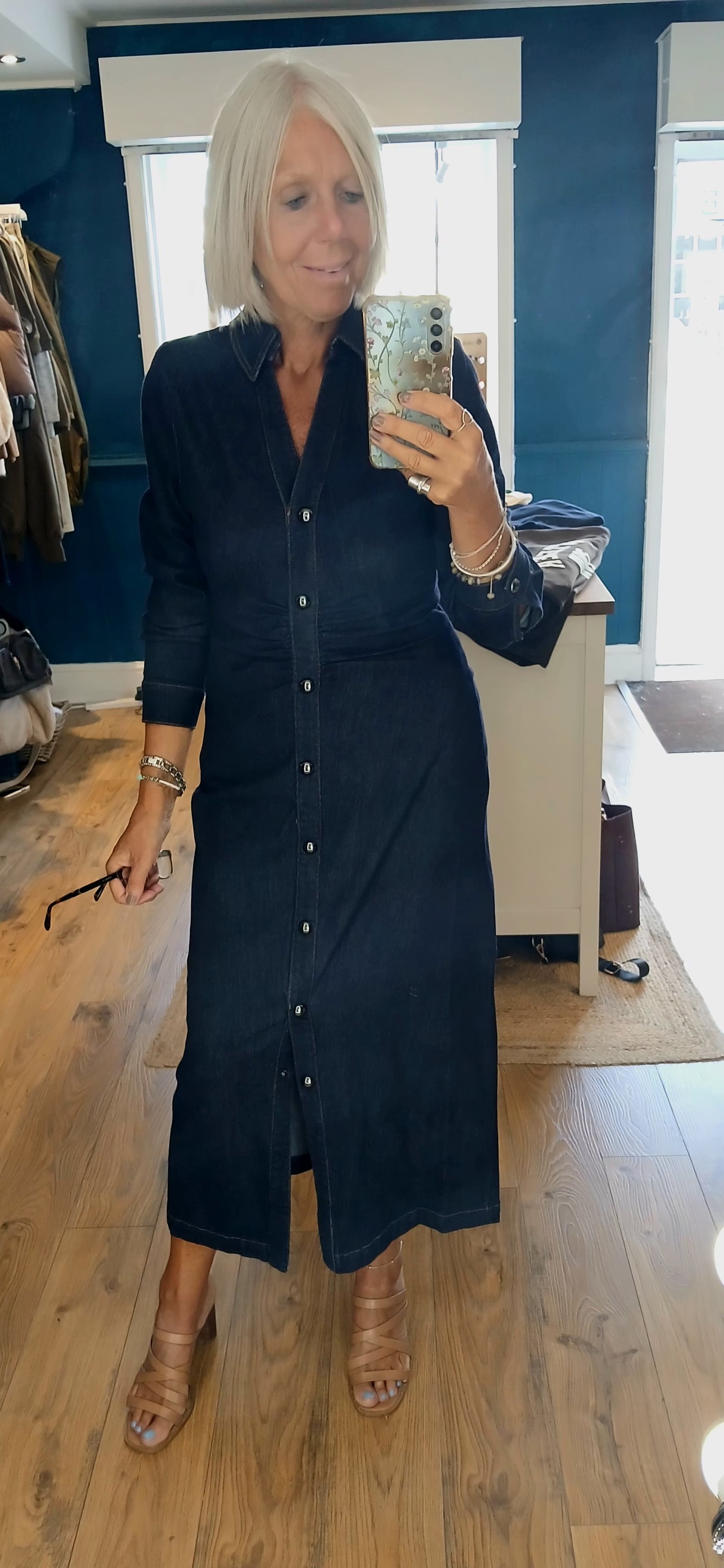 B.Young dark denim dress with faux button front and flattering fit