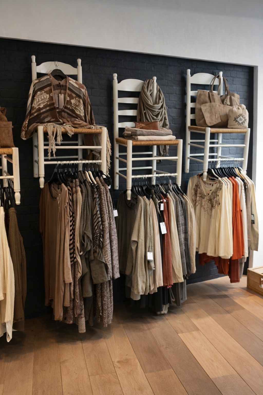 Art - Repurposed wooden chairs turned into wall-mounted clothing racks ...
