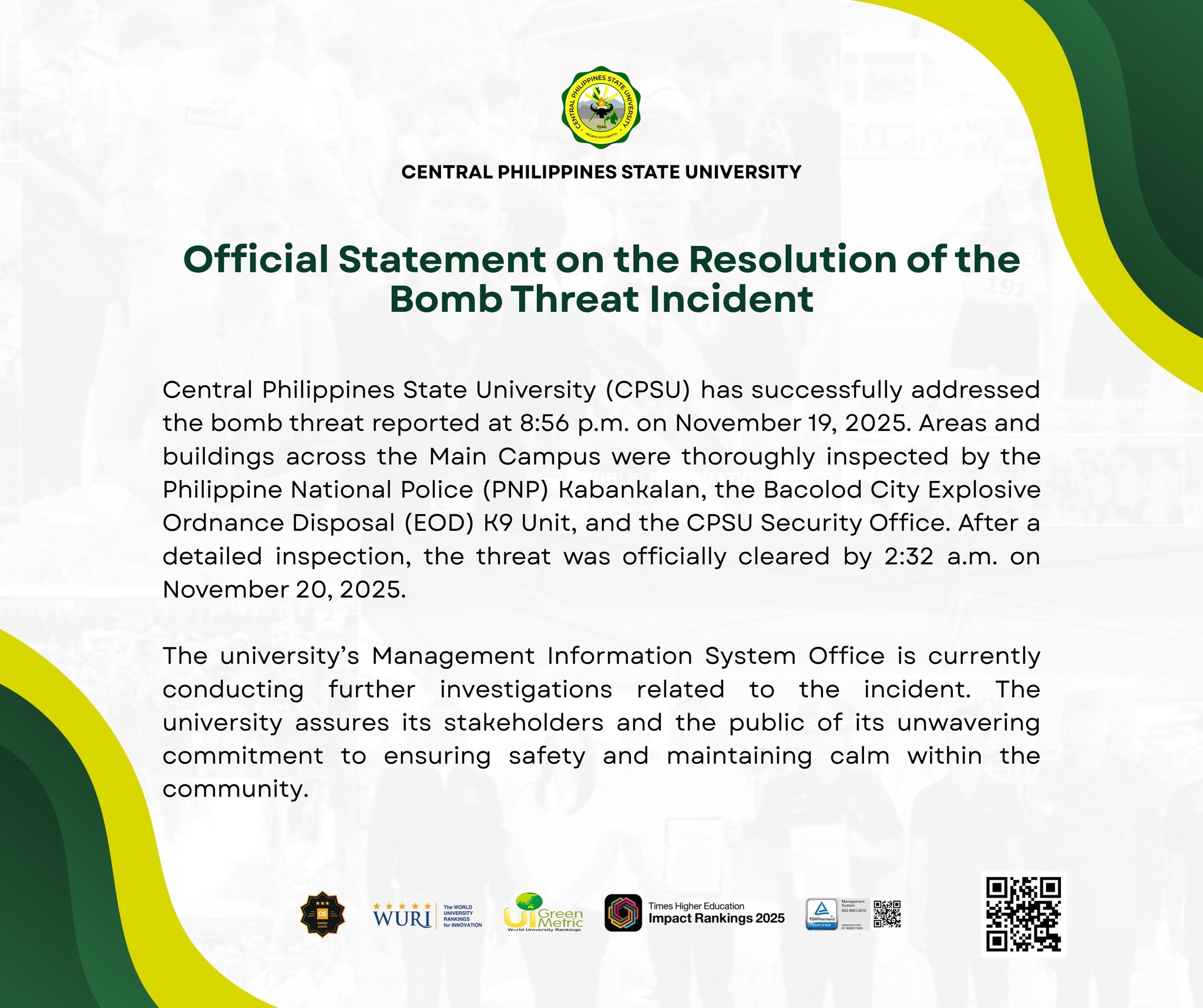 CPSU - 𝗢𝗳𝗳𝗶𝗰𝗶𝗮𝗹 𝗦𝘁𝗮𝘁𝗲𝗺𝗲𝗻𝘁 𝗼𝗻 𝘁𝗵𝗲 𝗥𝗲𝘀𝗼𝗹𝘂𝘁𝗶𝗼𝗻 𝗼𝗳 𝘁𝗵𝗲 𝗕𝗼𝗺𝗯 𝗧𝗵𝗿𝗲𝗮𝘁 𝗜𝗻𝗰𝗶𝗱𝗲𝗻𝘁 ...