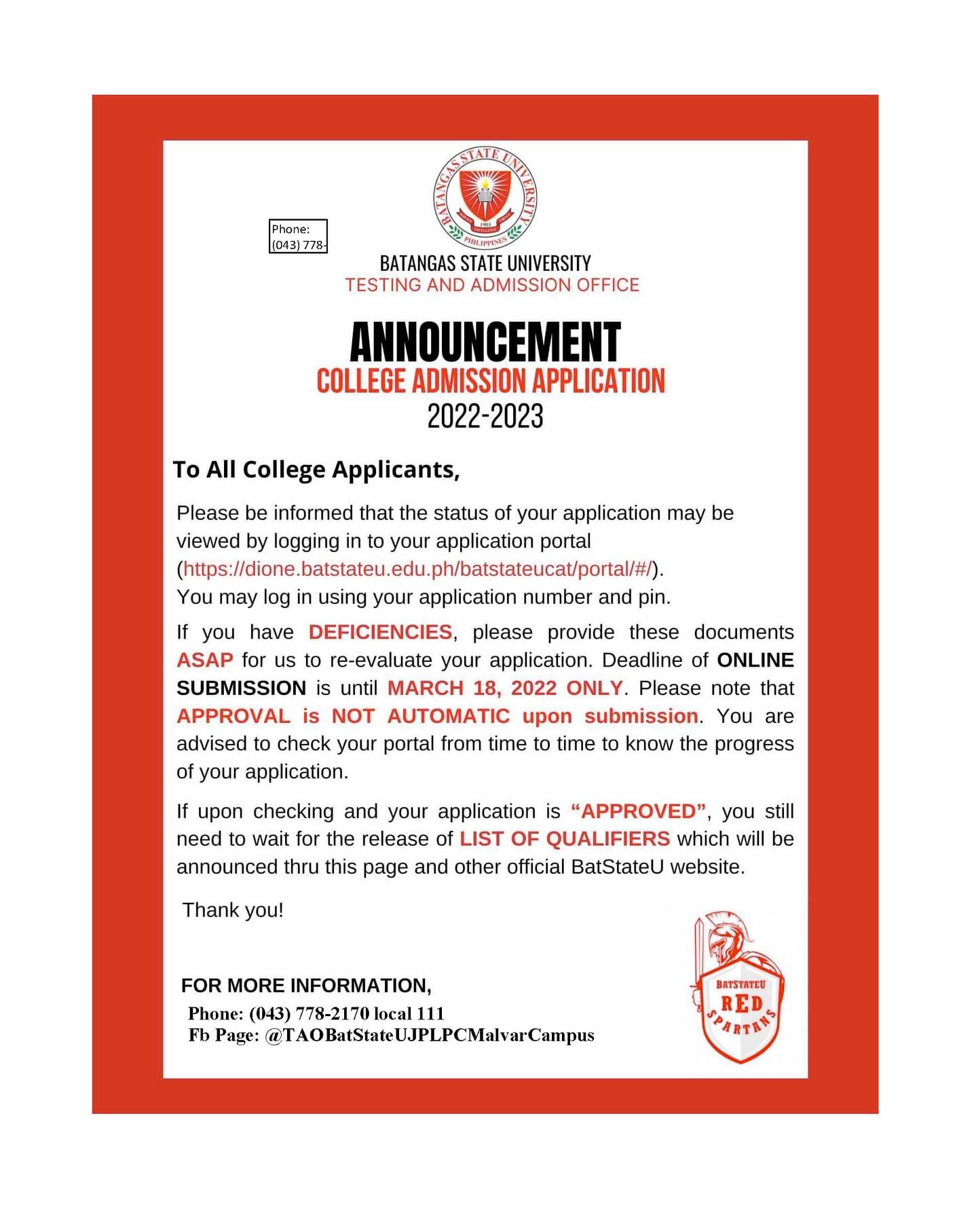 ANNOUNCEMENT College Admission Application AY 2022-2023 To All College ...