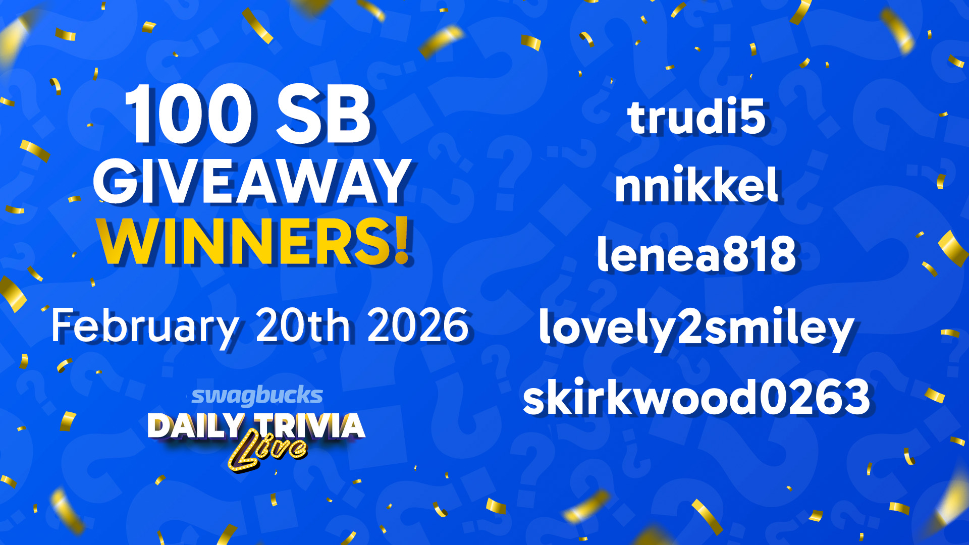 Swagbucks - Congratulations to the winners of Thursday's Daily Trivia ...