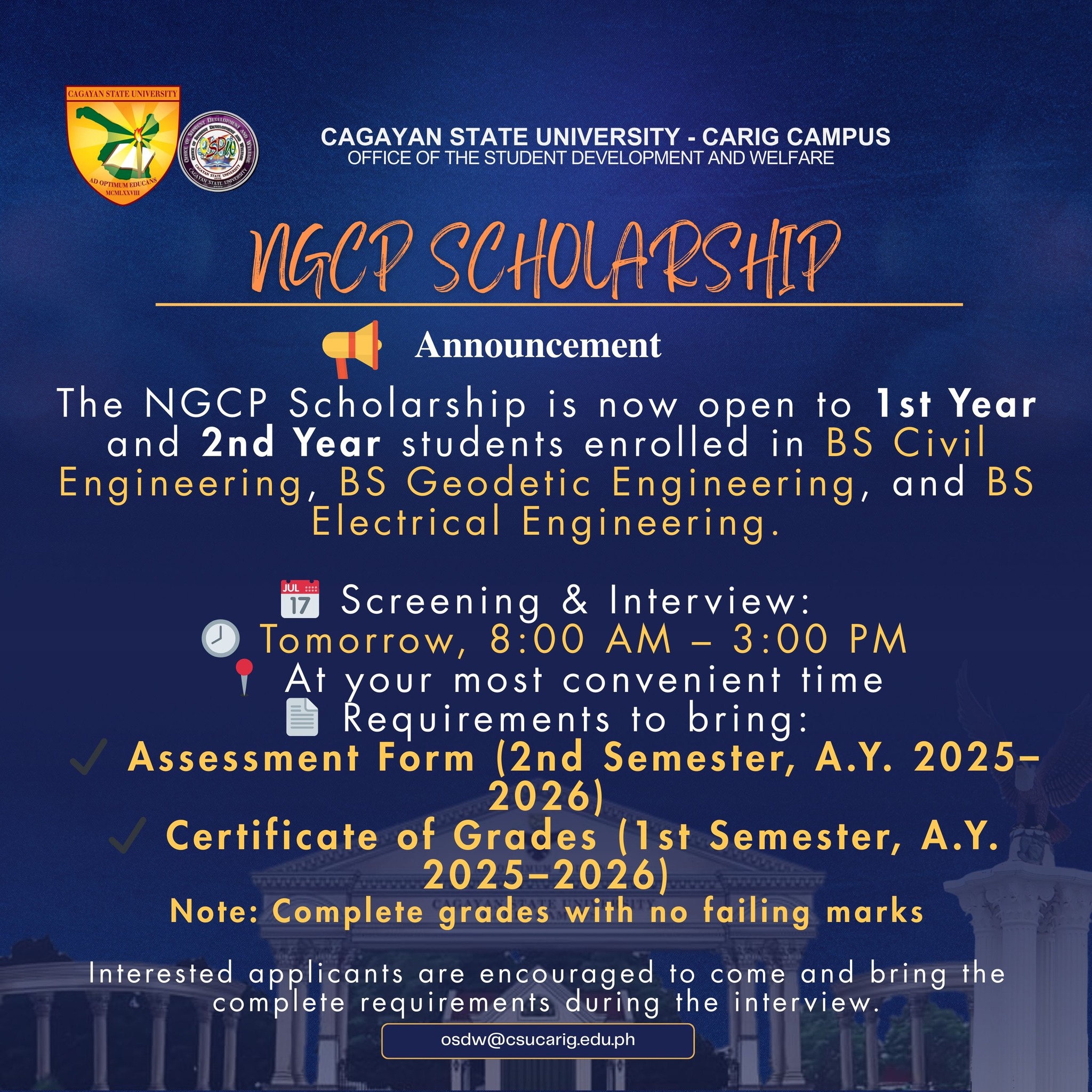 📣𝐍𝐆𝐂𝐏 𝐒𝐂𝐇𝐎𝐋𝐀𝐑𝐒𝐇𝐈𝐏... - CSU Carig - Office of the Student Development ...
