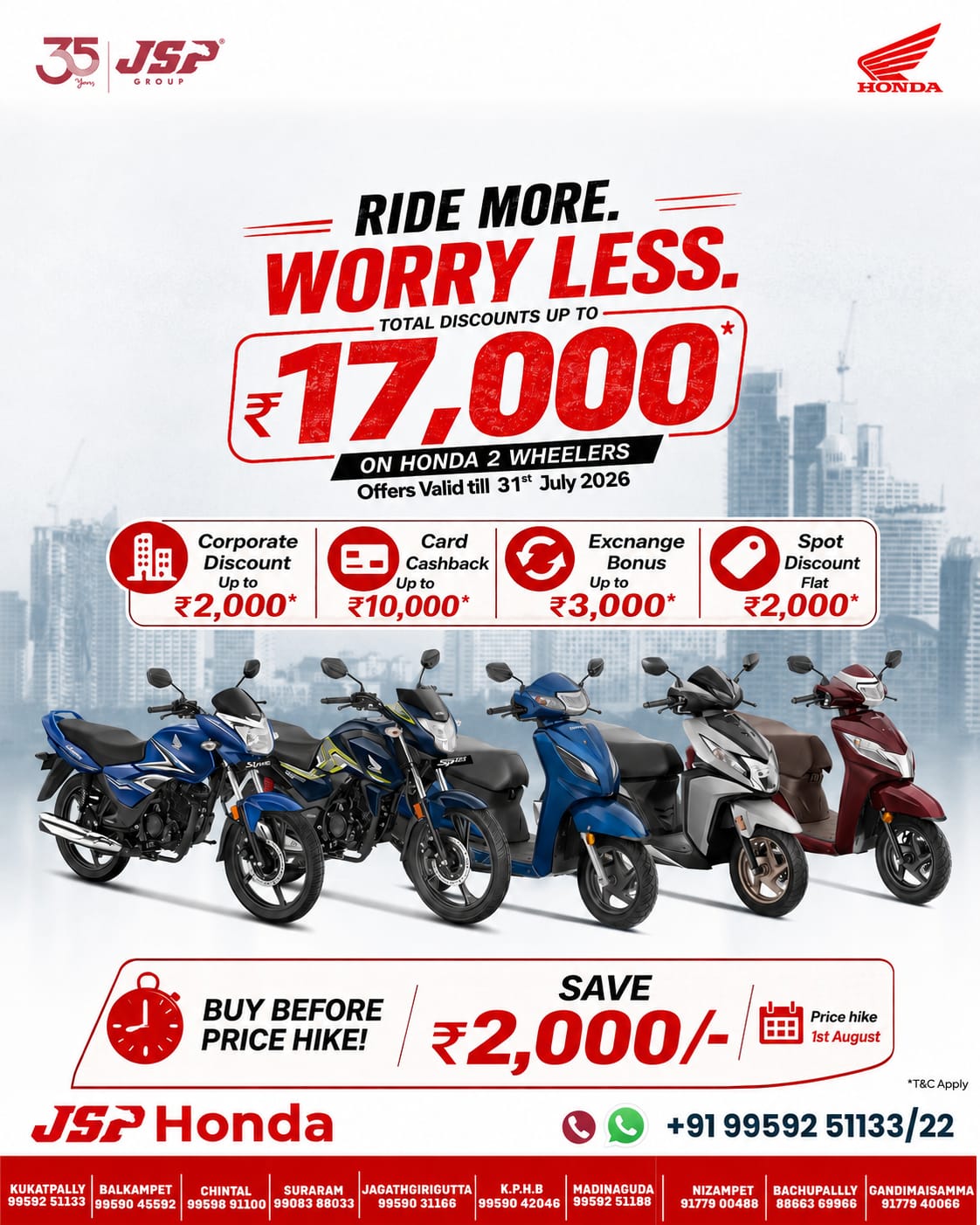 Get up to ₹17,000 discounts on Honda 2-wheelers at JSP Honda