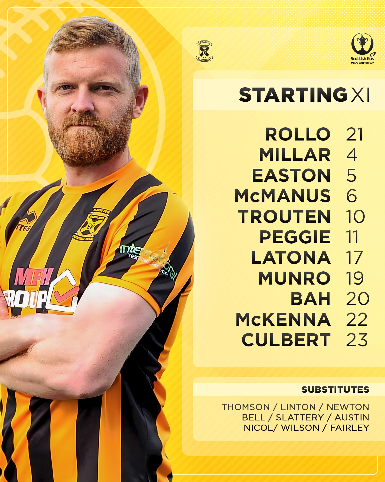 👥 𝗧𝗘𝗔𝗠 𝗡𝗘𝗪𝗦 👥 Here's how your East Fife line up for today's match against Arbroath! 🟡⚫ 📍MGM Timber Bayview Stadium 🏆Scottish Gas Men's Scottish Cup 🕒Kick-off: 3:00pm Let's get behind the boys! 💪