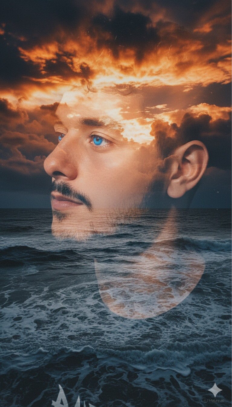 Mido - Create an image A surreal double exposure portrait of a man with ...