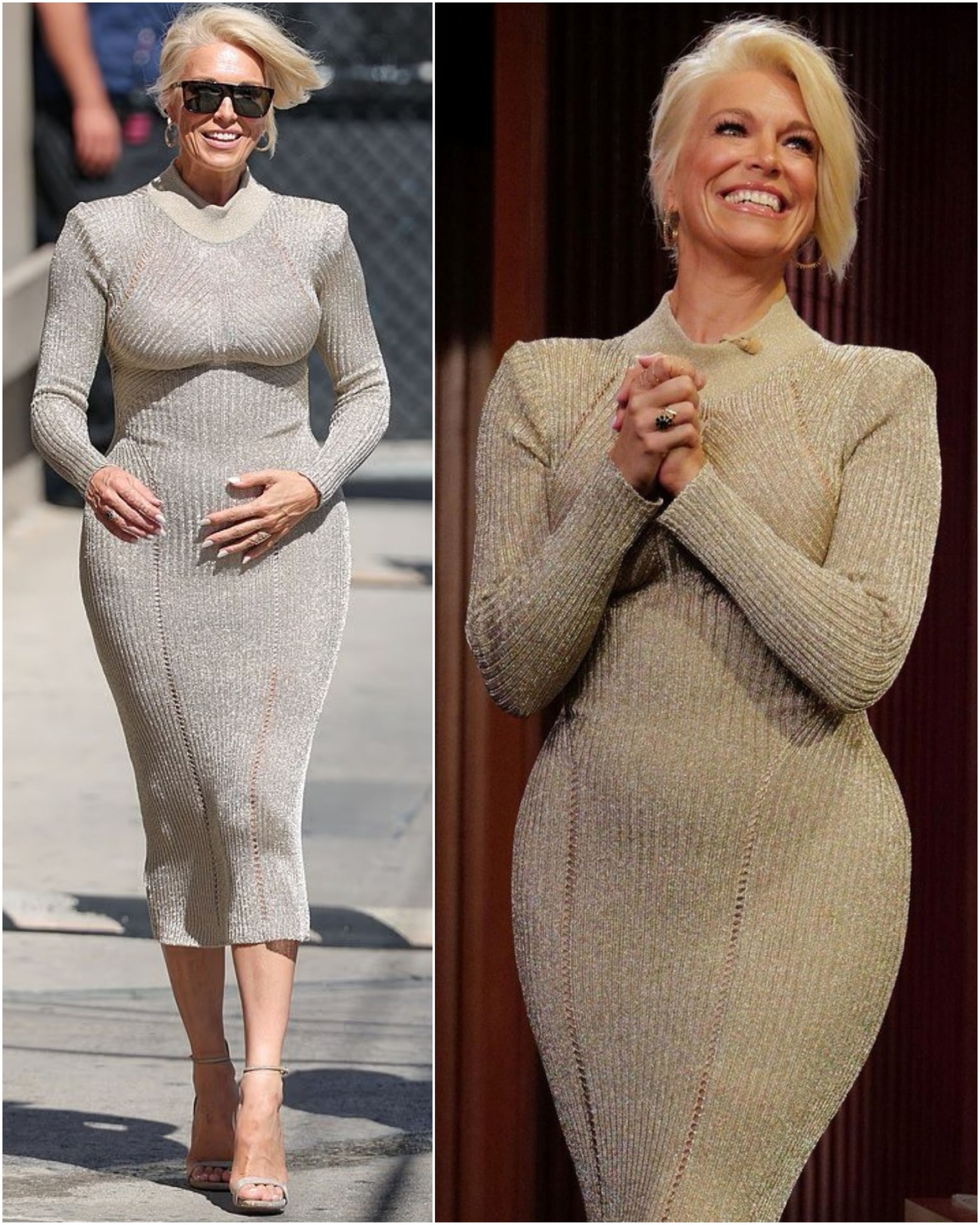 Hannah Waddingham looked absolutely stunning in a form-fitting gold dress as she arrived at Jimmy Kimmel Live! in Los Angeles with her boyfriend, consultant spine surgeon Nicolas Beresford-Cleary. The 52-year-old actress was