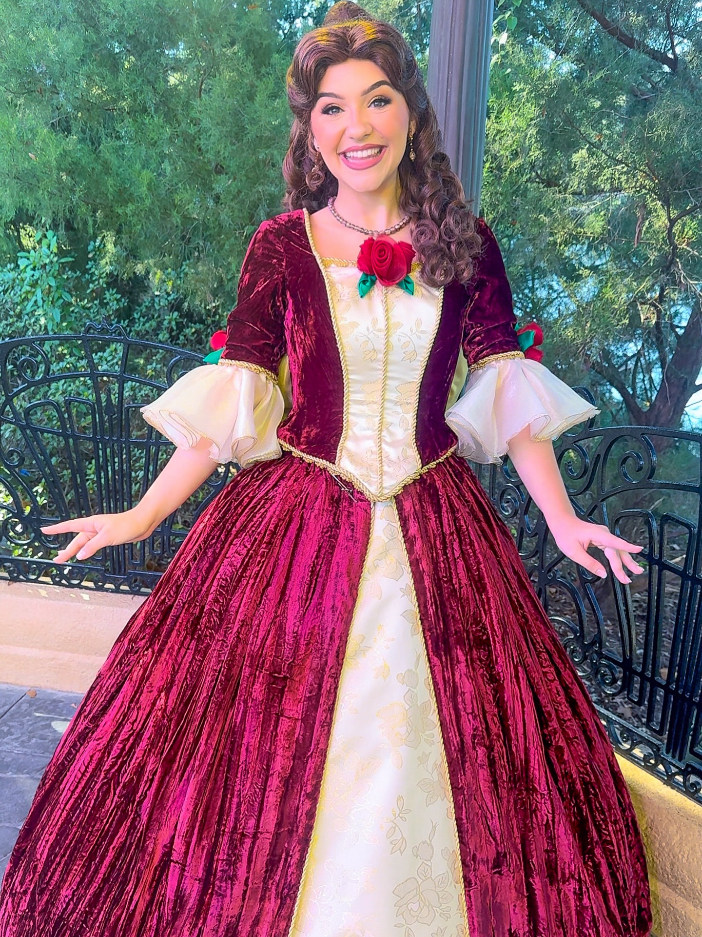 Belle's Christmas dress is quite beautiful. #woodbreyfamilytravel #Disneycharacterfun #disneycharacters #Disneycharacterphotos #disneyparks #disney #Disney100 #Christmas #disneychristmas #disneylandchristmas #Holidays #disneyholidays 