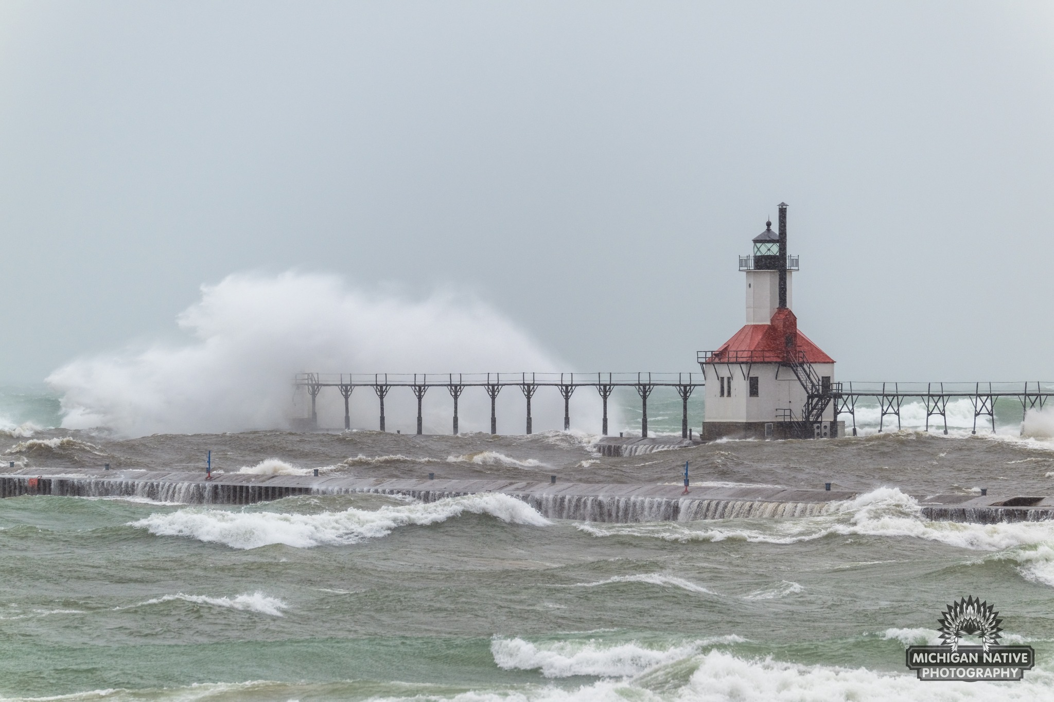 Michigan - "The Disappearing Lighthouse" - Massive wave splash swallows ...