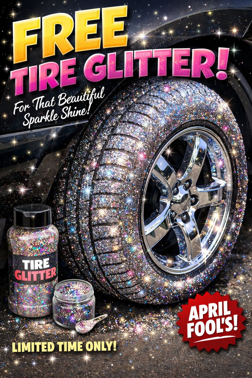 ✨ INTRODUCING: FREE TIRE GLITTER! ✨ Why just roll… when you can SPARKLE? 💅🚗 For a limited time, we're offering complimentary Tire Glitter to give your ride that show-stopping shine everyone will